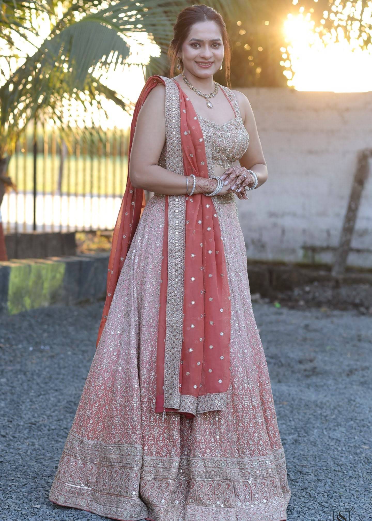 Blush Embroidered Lehenga with Coral Dupatta Image - 0