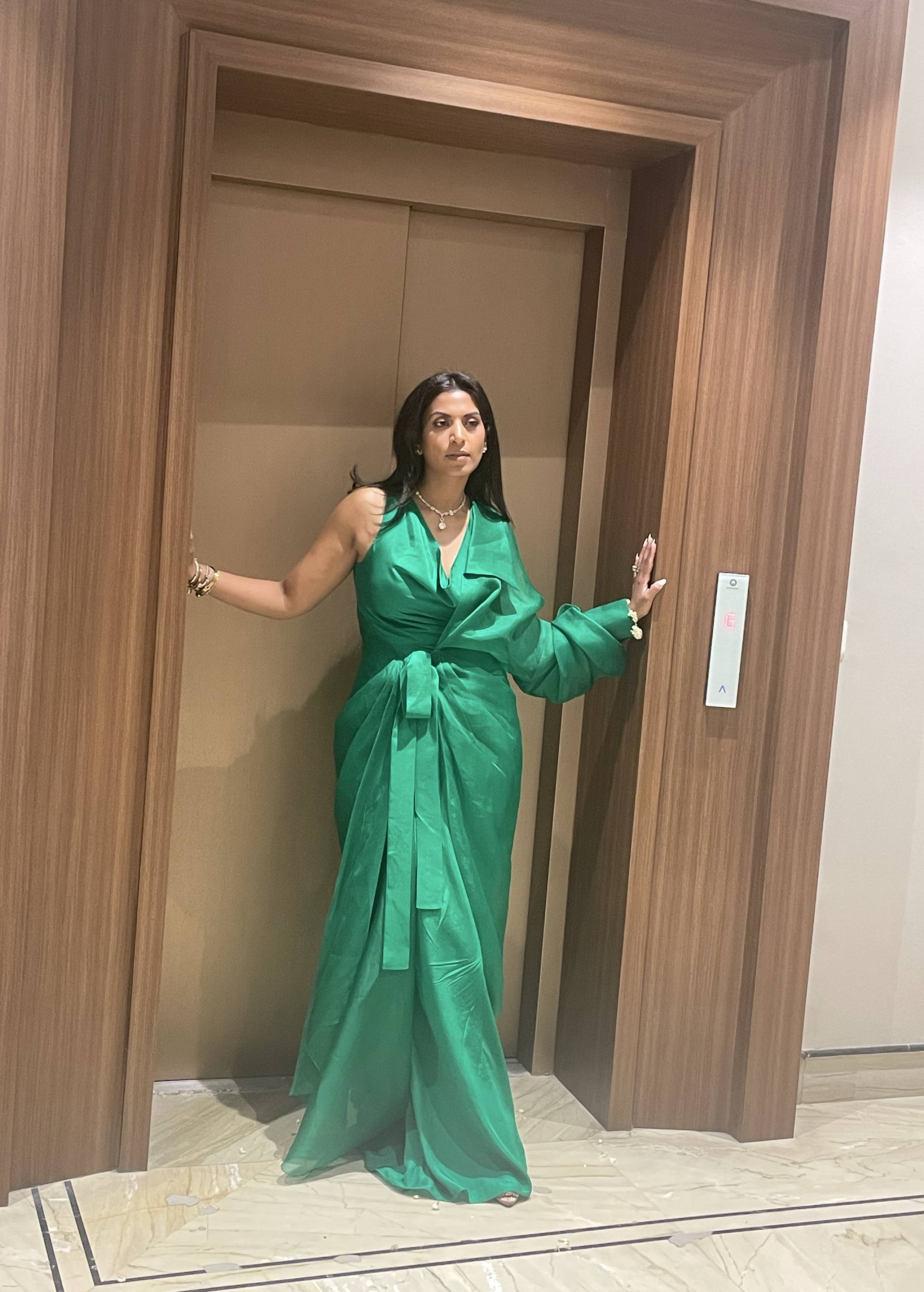 Emerald Green Silk Maxi Dress with Organza Jacket Image - 2
