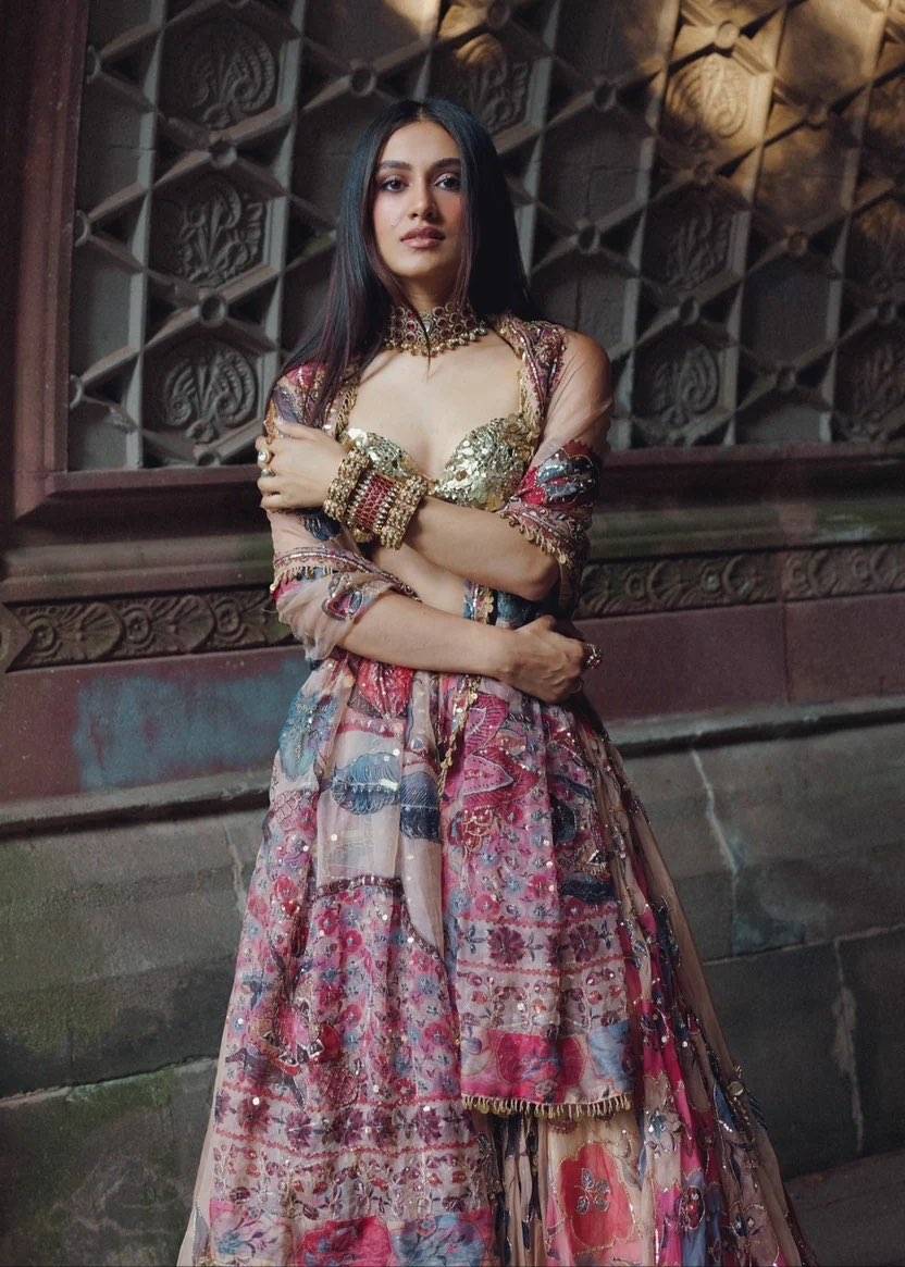 Mahima Mahajan Gold & Red Floral Appliqué Lehenga Set Image - 1