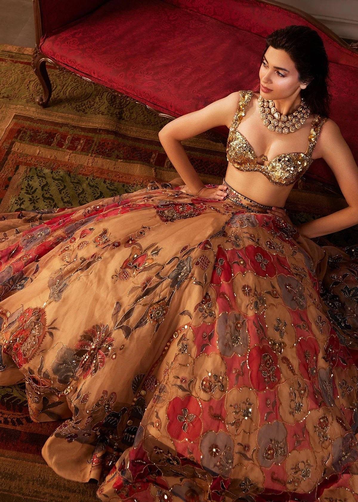 Mahima Mahajan Gold & Red Floral Appliqué Lehenga Set Image - 5