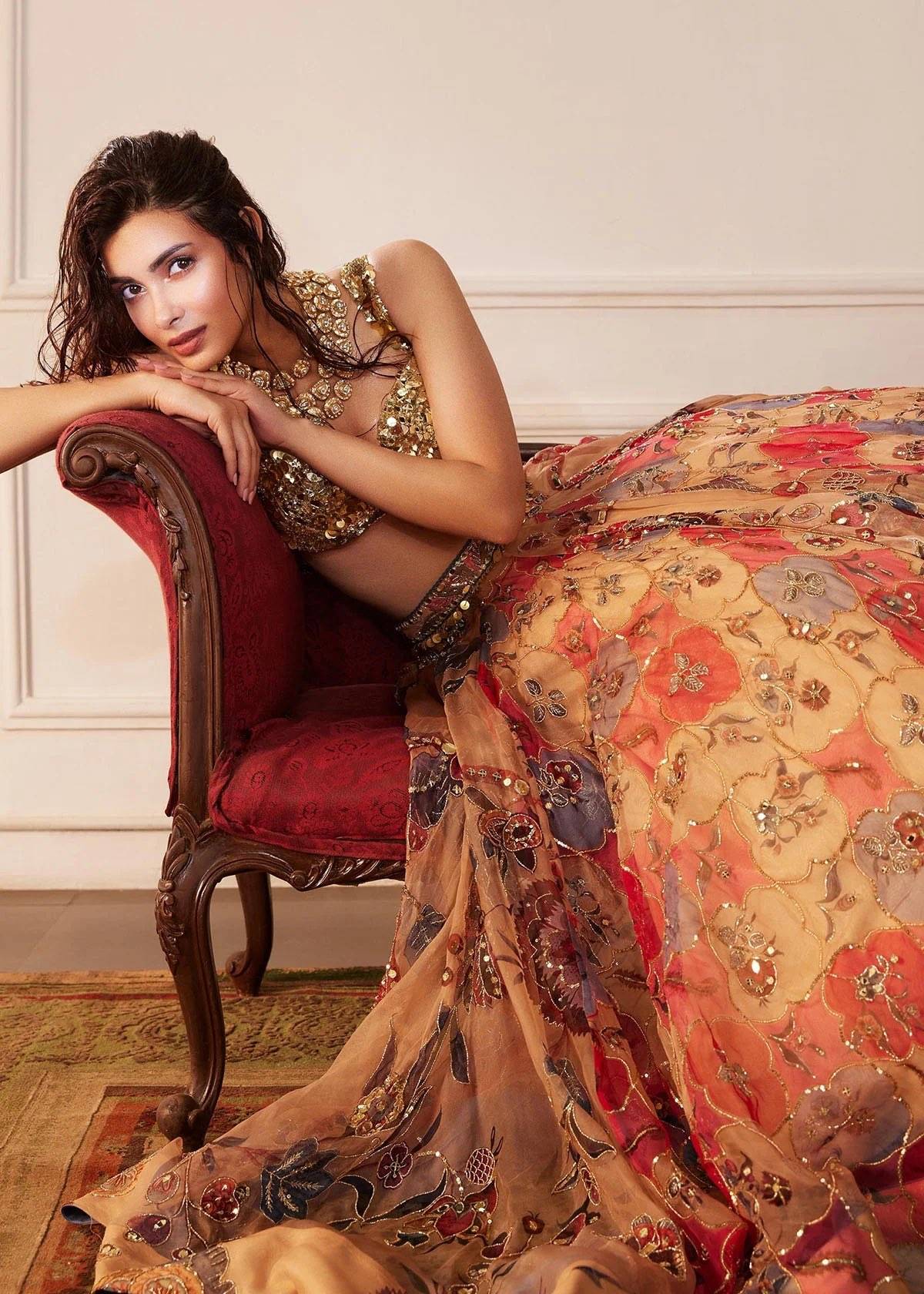Mahima Mahajan Gold & Red Floral Appliqué Lehenga Set Image - 4