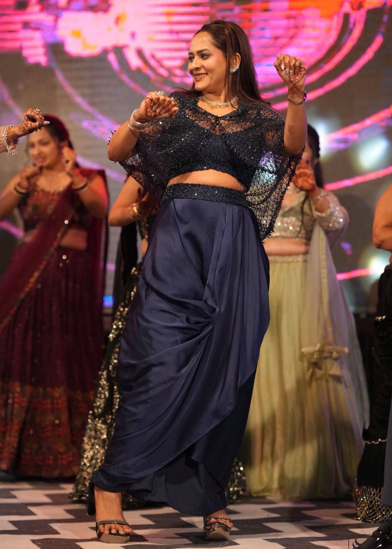 Navy Draped Dhoti Skirt with Sequin Cape Top Image - 0