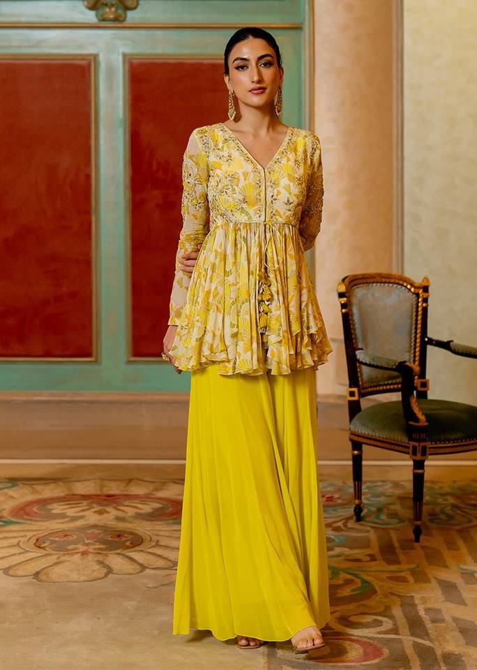 Yellow Floral Peplum Sharara Set Image - 0