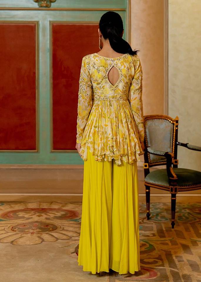 Yellow Floral Peplum Sharara Set Image - 2
