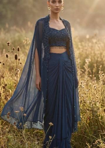 Teal Blue Embellished Cape Set Image - 1