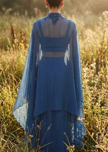 Teal Blue Embellished Cape Set Image - 3