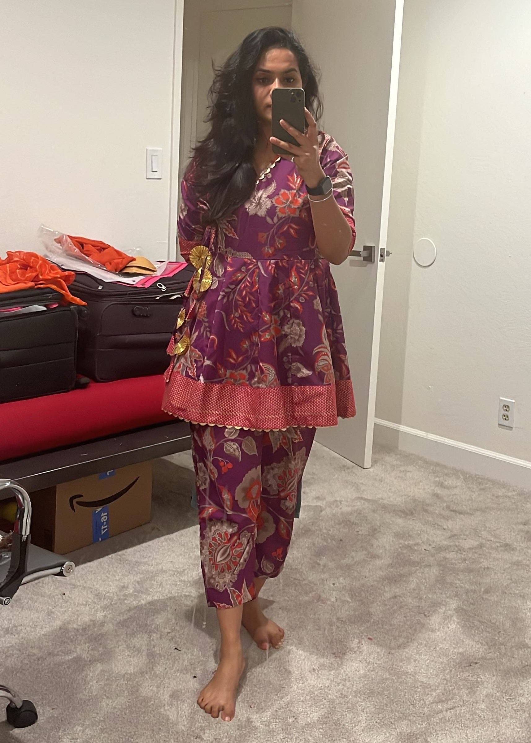 Wine Floral Peplum Kurta Co-Ord Set Image - 0