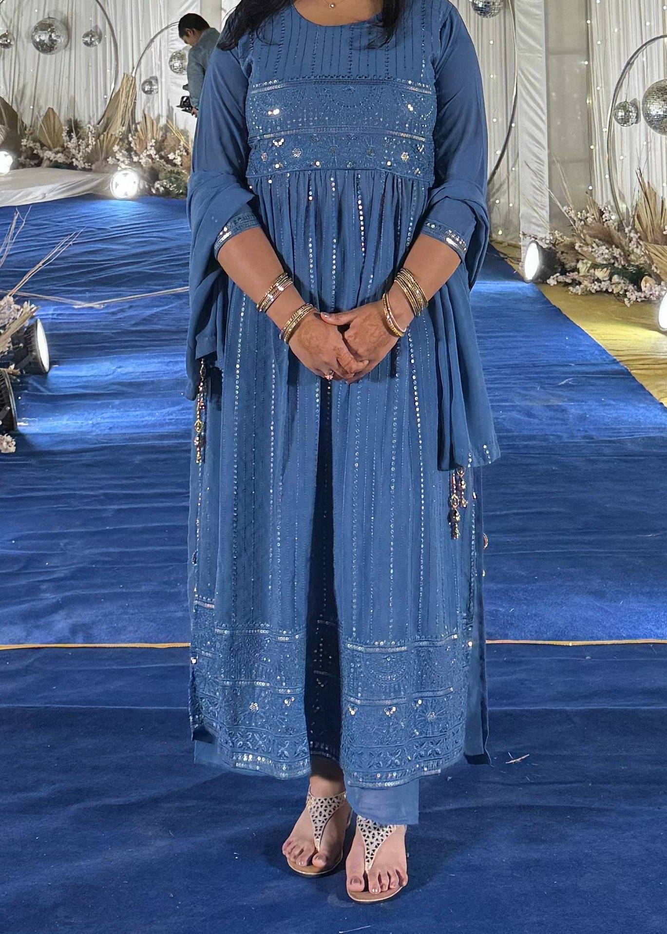 Blue Chikankari Sequin Anarkali Set Image - 0
