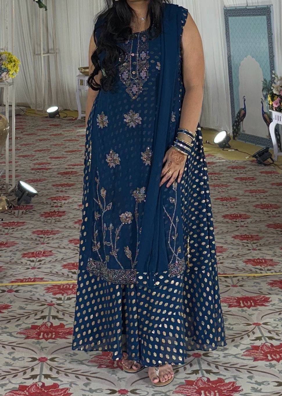 Navy Floral Kurta Sharara set Image - 0