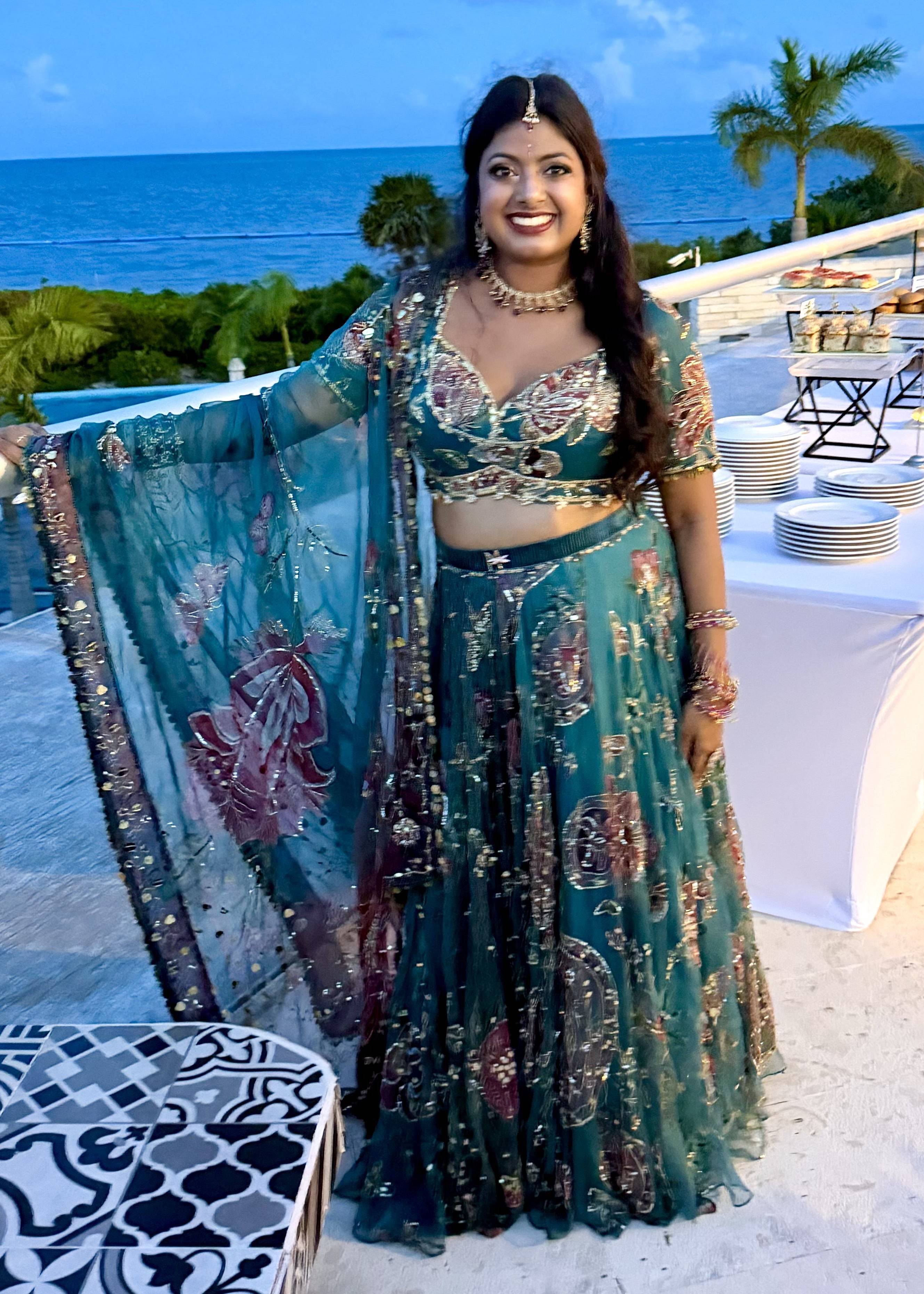 Teal Floral Appliqué Lehenga Set Image - 0