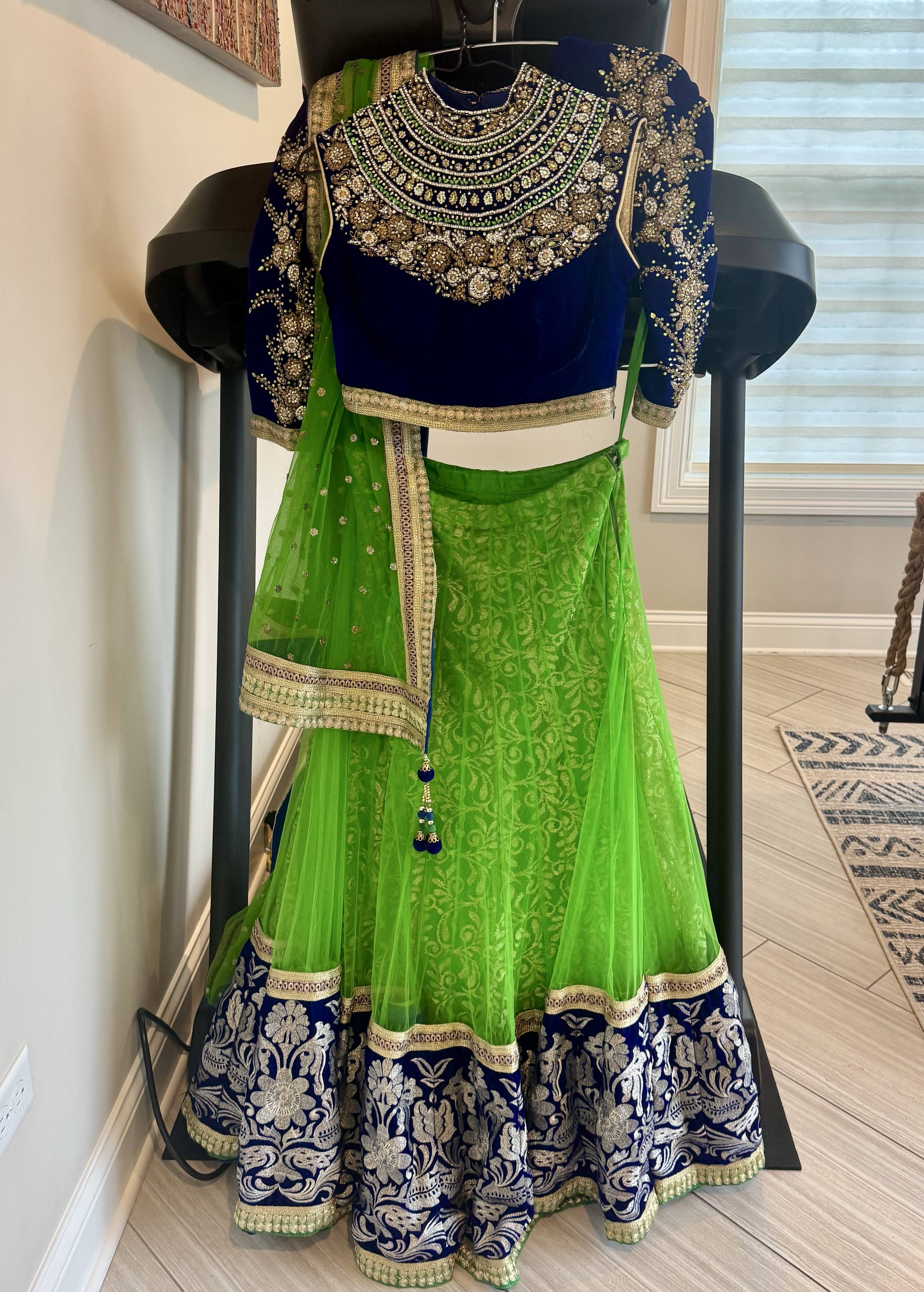 Royal Blue & Emerald Green Embellished Lehenga Set Image - 0