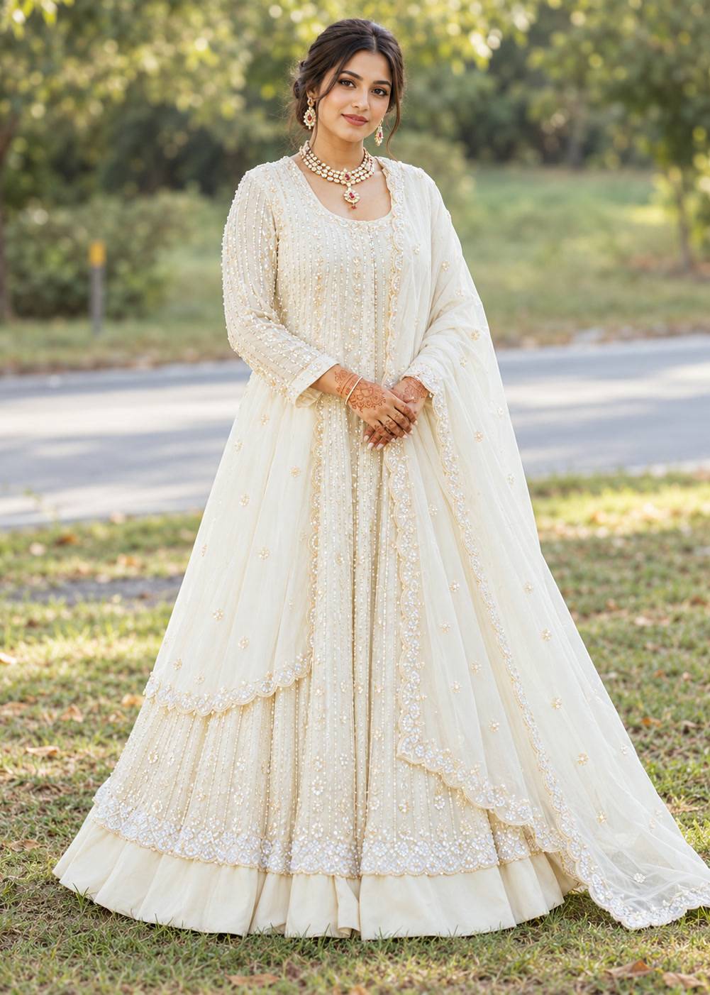 Ivory Pearl-Embroidered Anarkali Set Image - 0