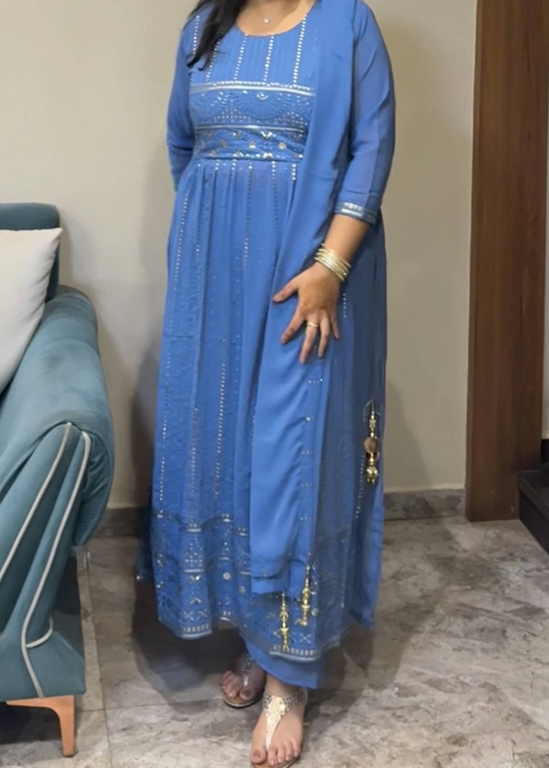 Blue Chikankari Sequin Anarkali Set Image - 1