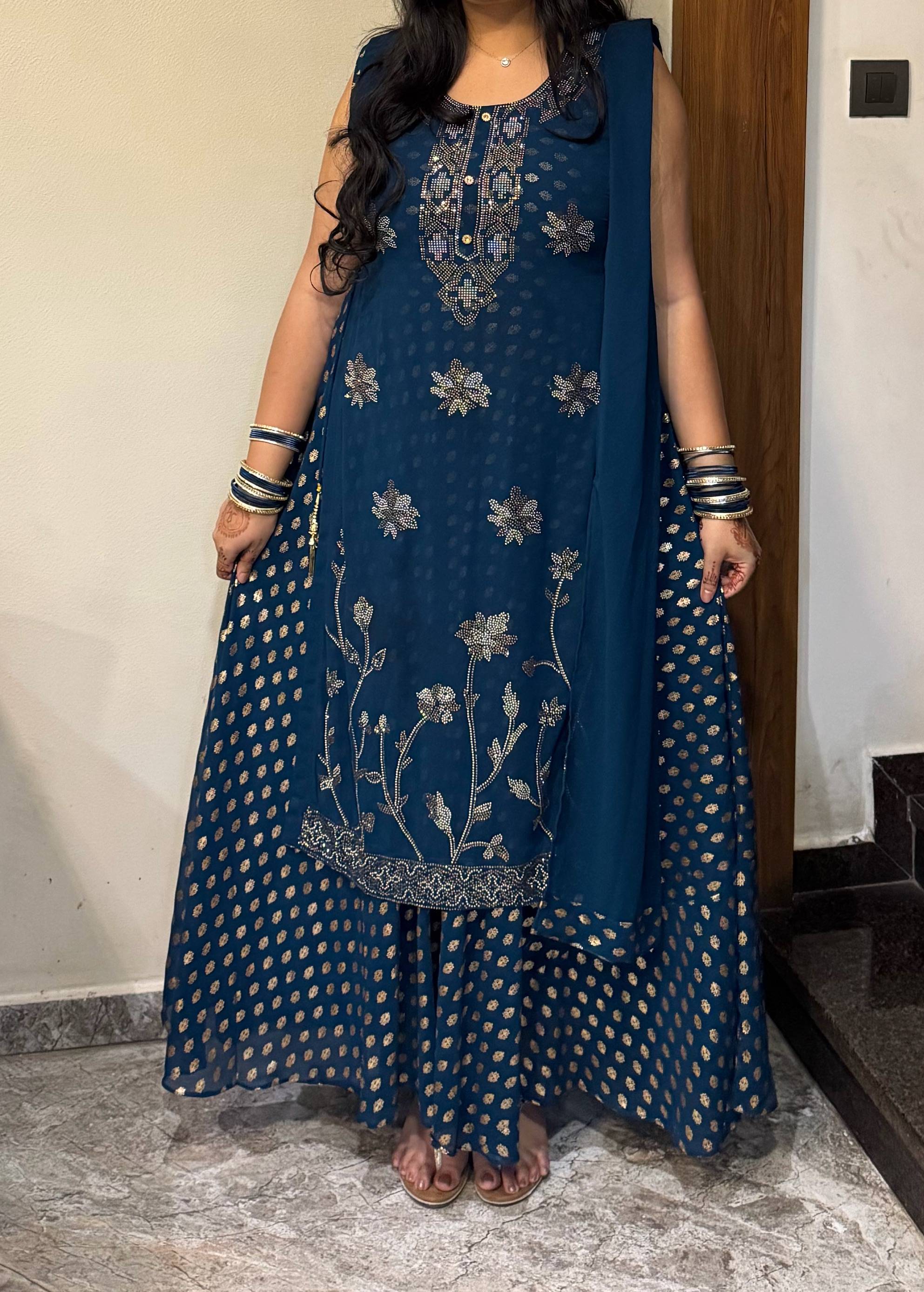 Navy Floral Kurta Sharara set Image - 1