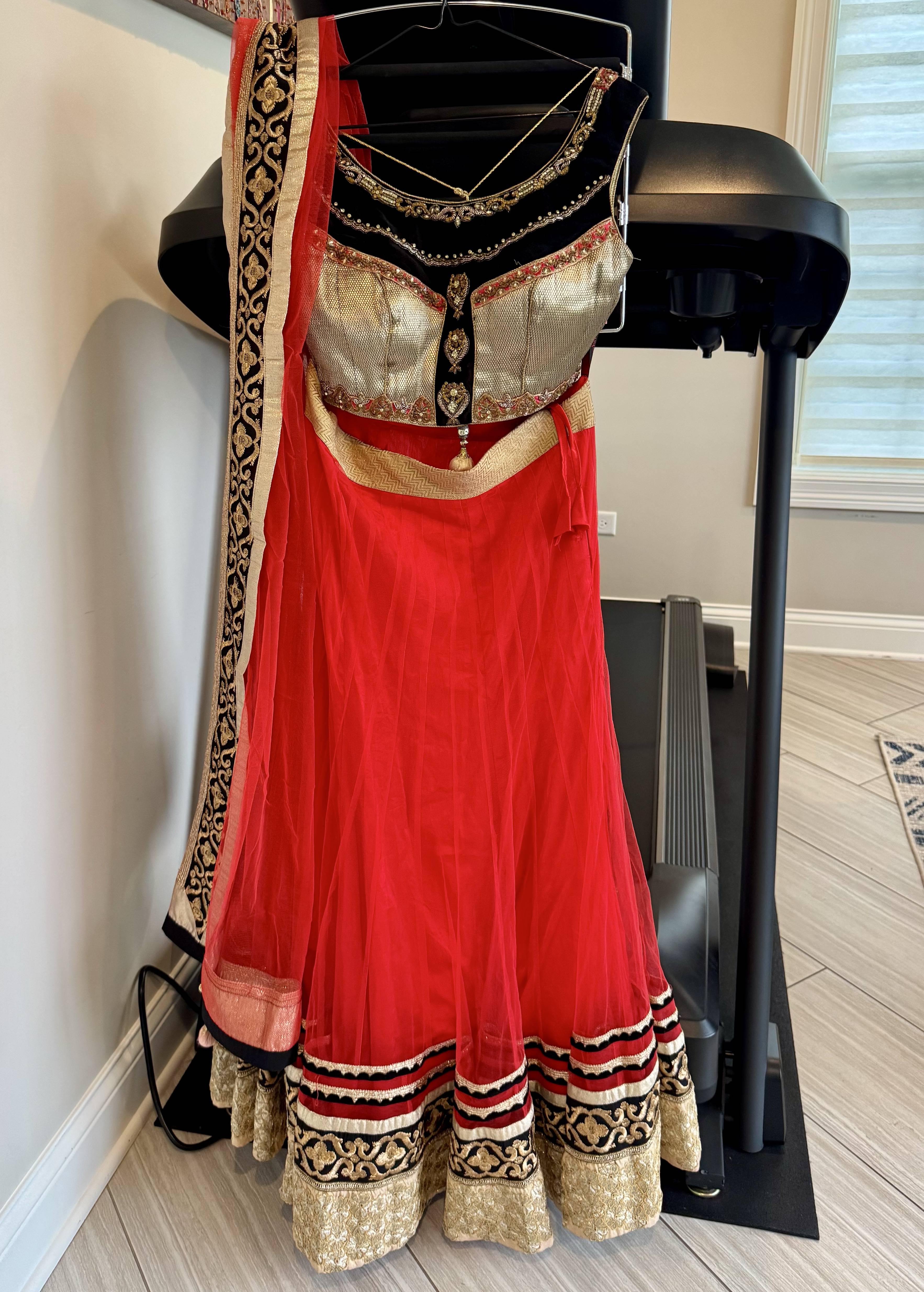 Black, Gold & Red Heavily Embellished Lehenga Set – New/Never Worn Image - 0