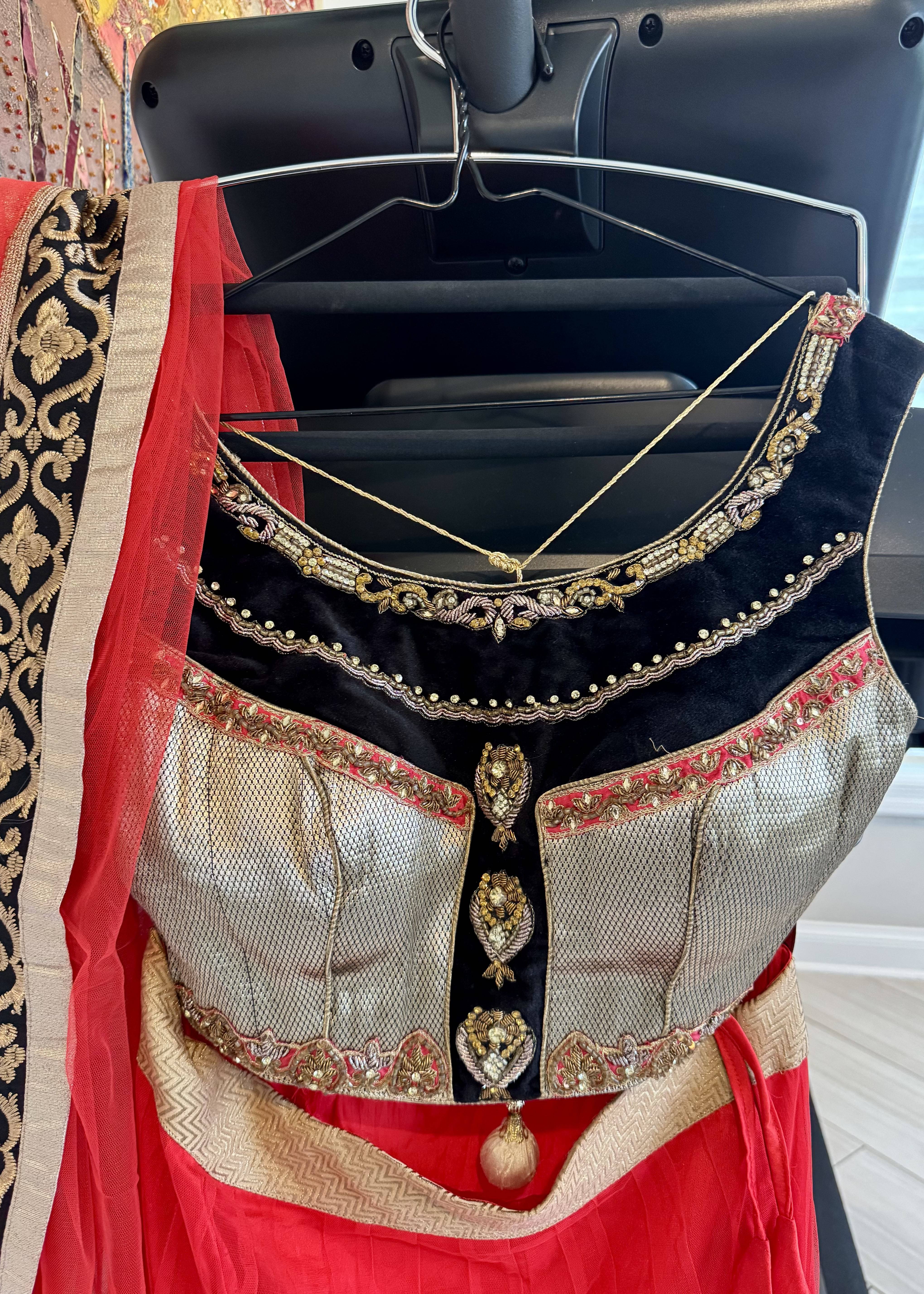 Black, Gold & Red Heavily Embellished Lehenga Set – New/Never Worn Image - 1