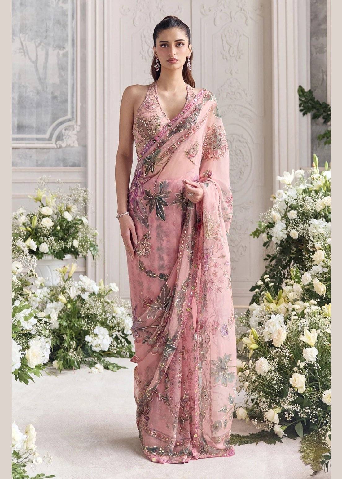 Blush Pink Floral Organza Pre-Draped Sari Set Image - 0