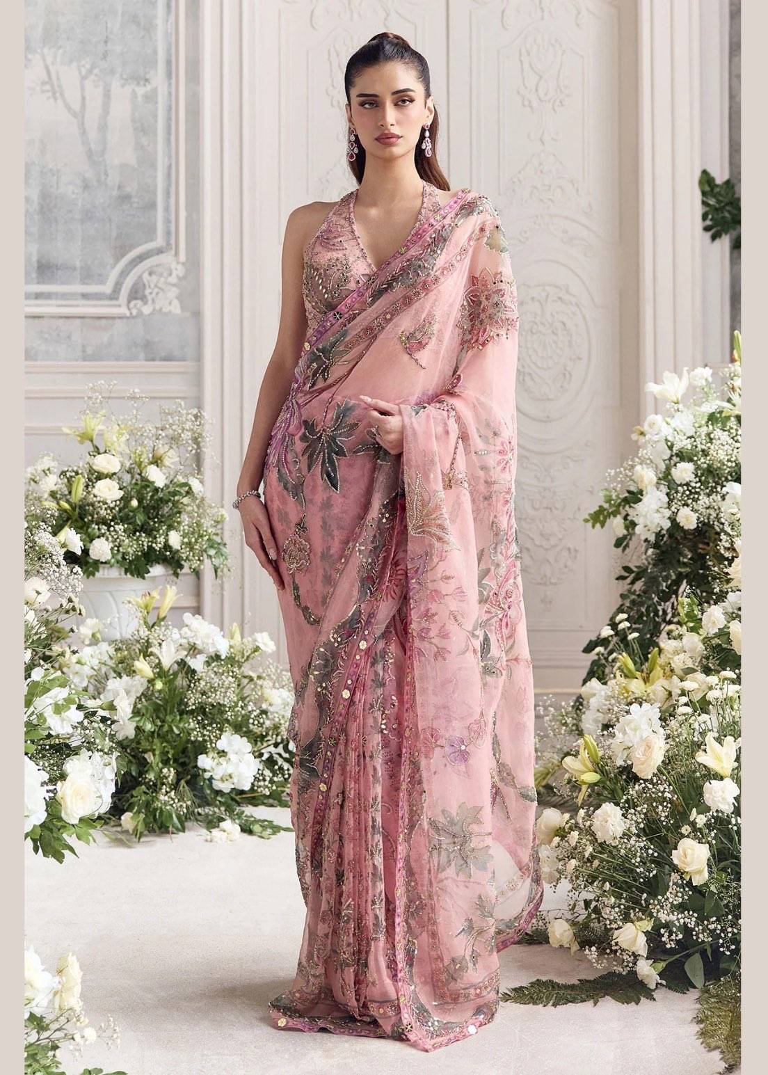 Blush Pink Floral Organza Pre-Draped Sari Set Image - 1