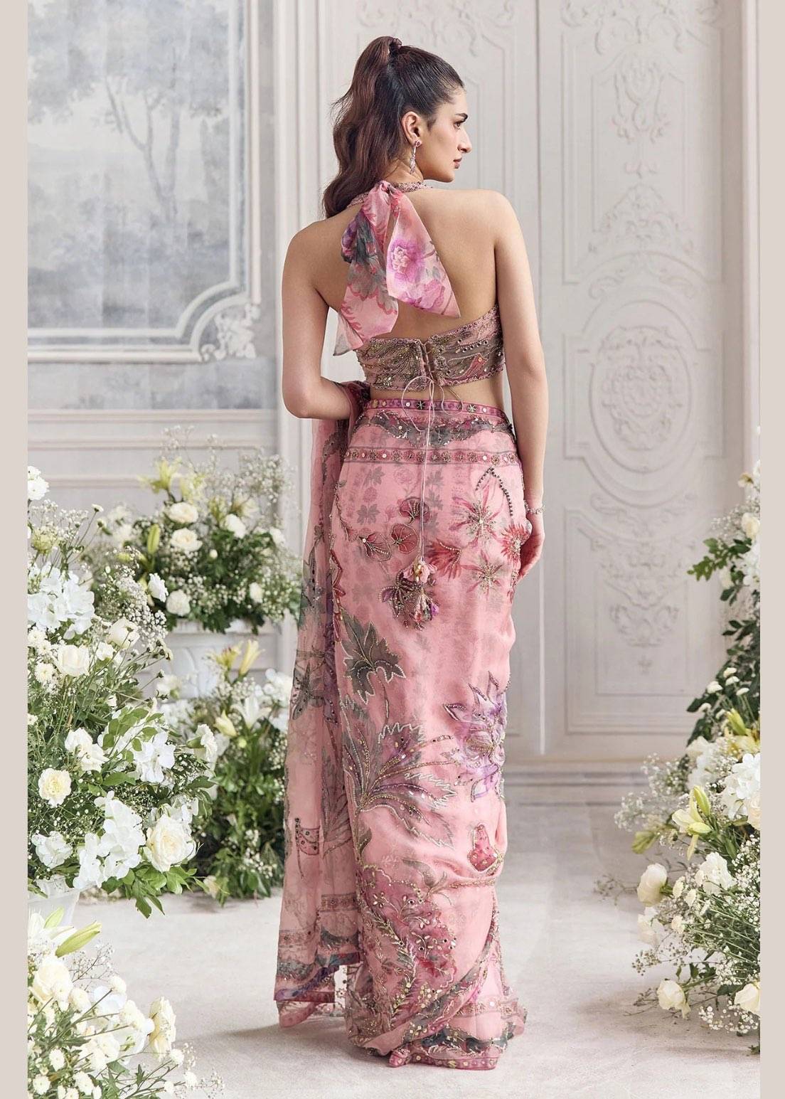 Blush Pink Floral Organza Pre-Draped Sari Set Image - 2