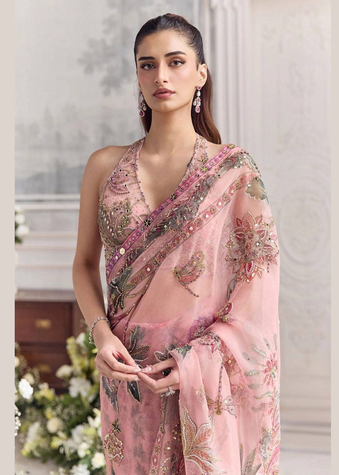 Blush Pink Floral Organza Pre-Draped Sari Set Image - 3