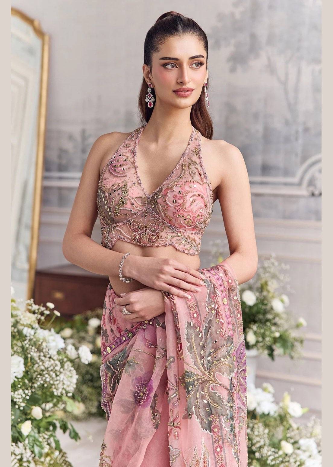Blush Pink Floral Organza Pre-Draped Sari Set Image - 4