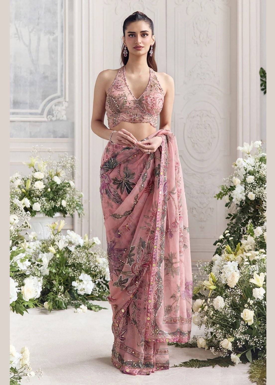 Blush Pink Floral Organza Pre-Draped Sari Set Image - 5
