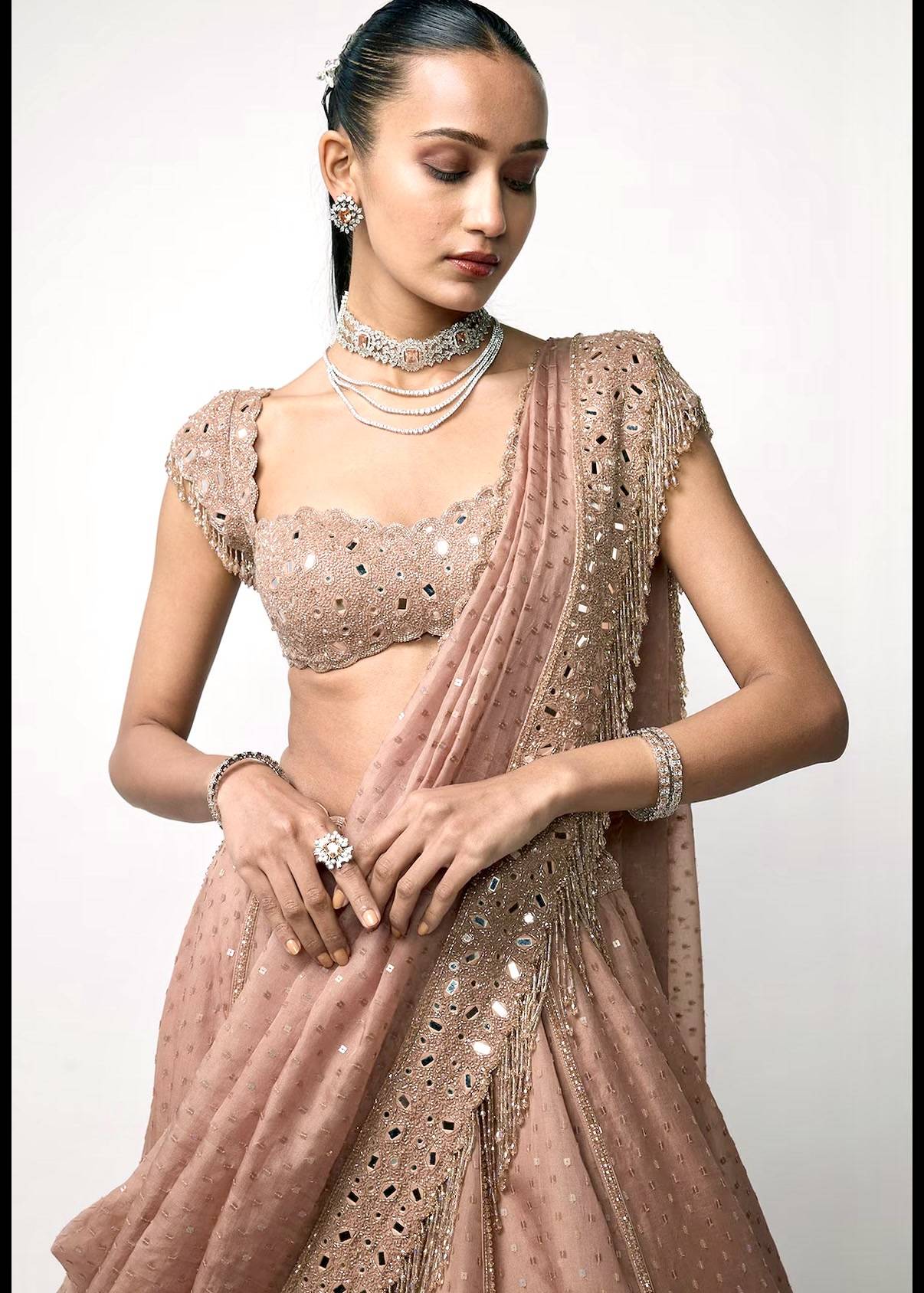 Vvani by Vani Vats Blush Mirror-Work Organza Lehenga Set Image - 2