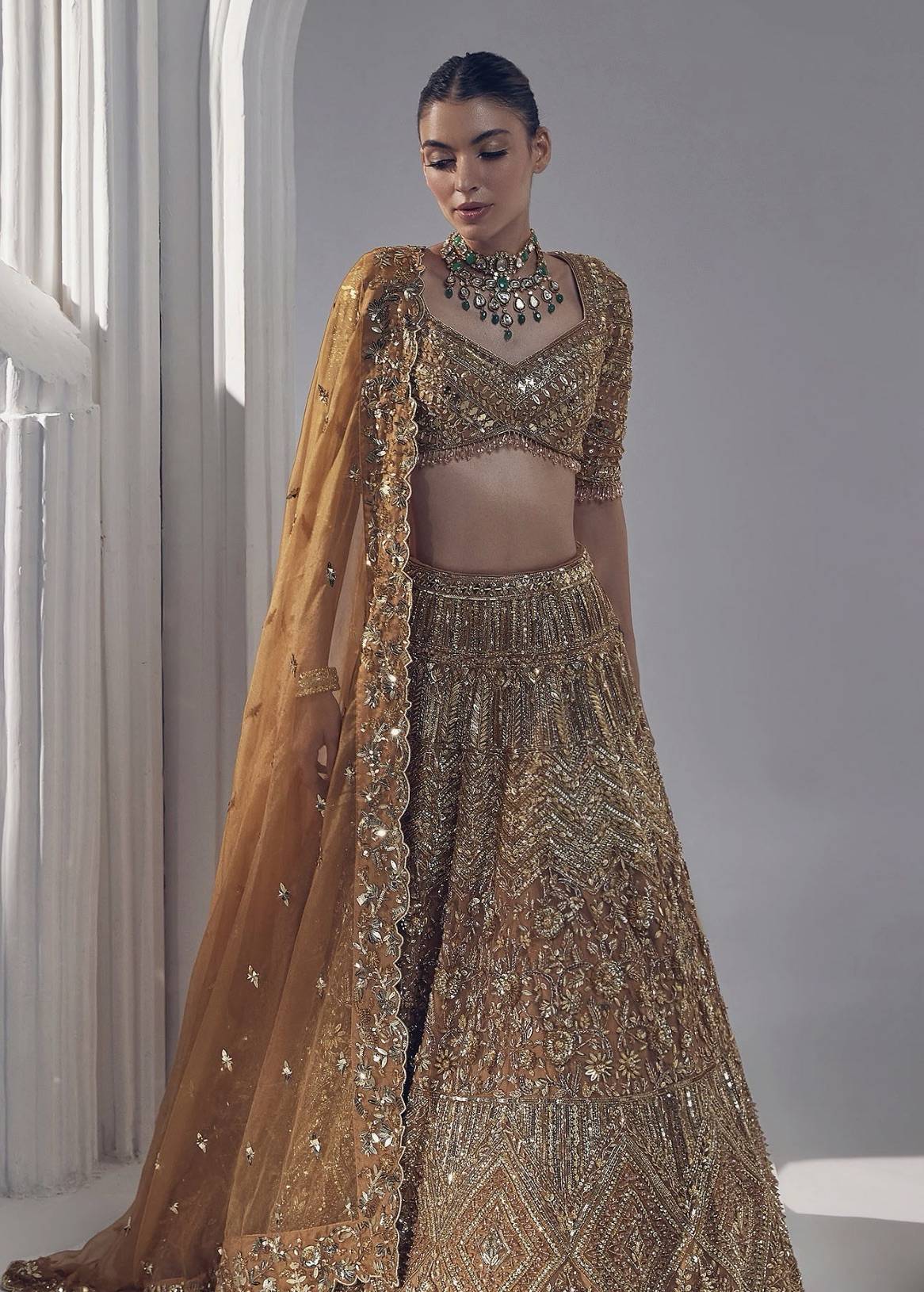 Gold Silk Beaded Lehenga Set Image - 1
