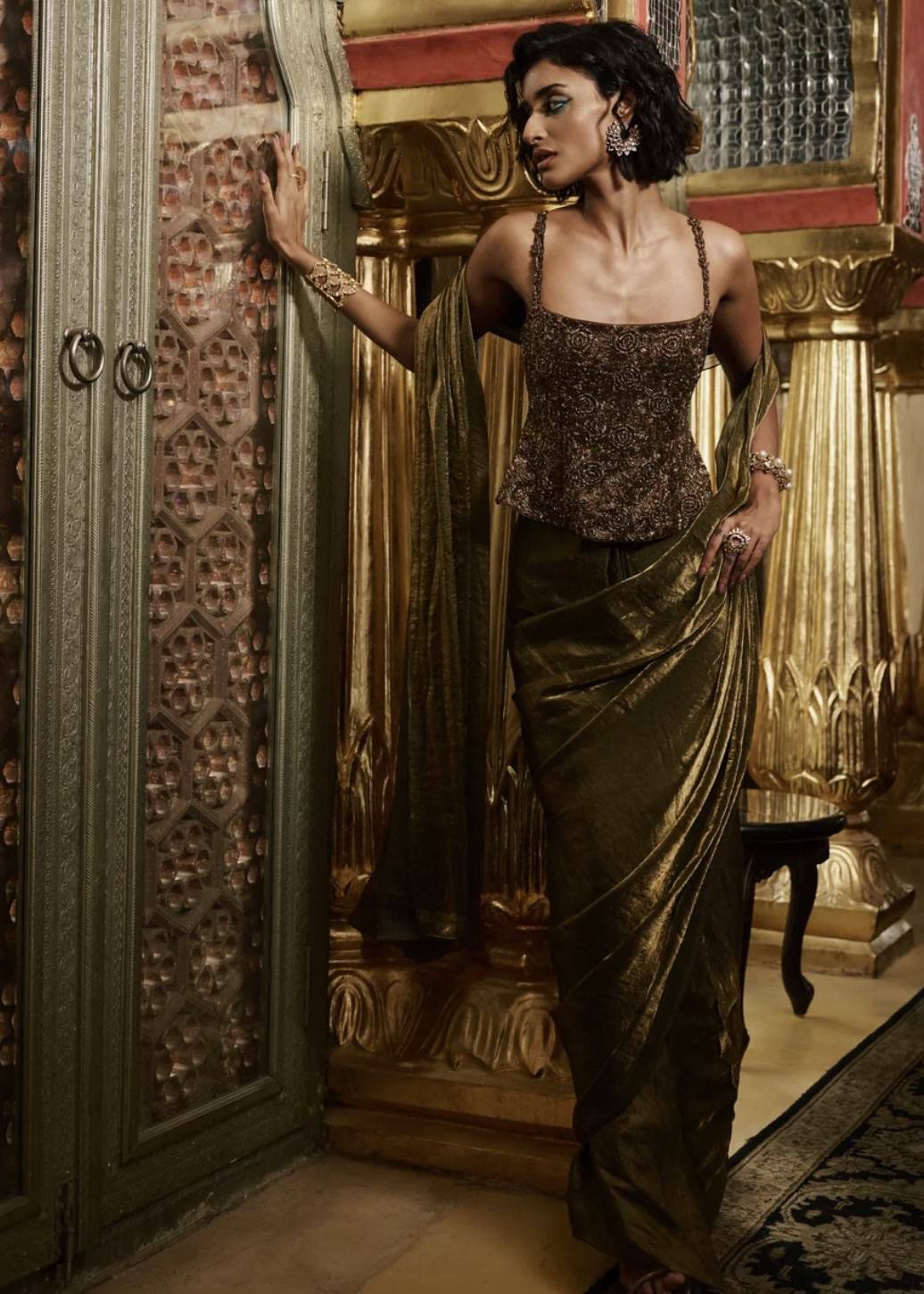 Gold Tissue Sari with Embellished Bodice Image - 2