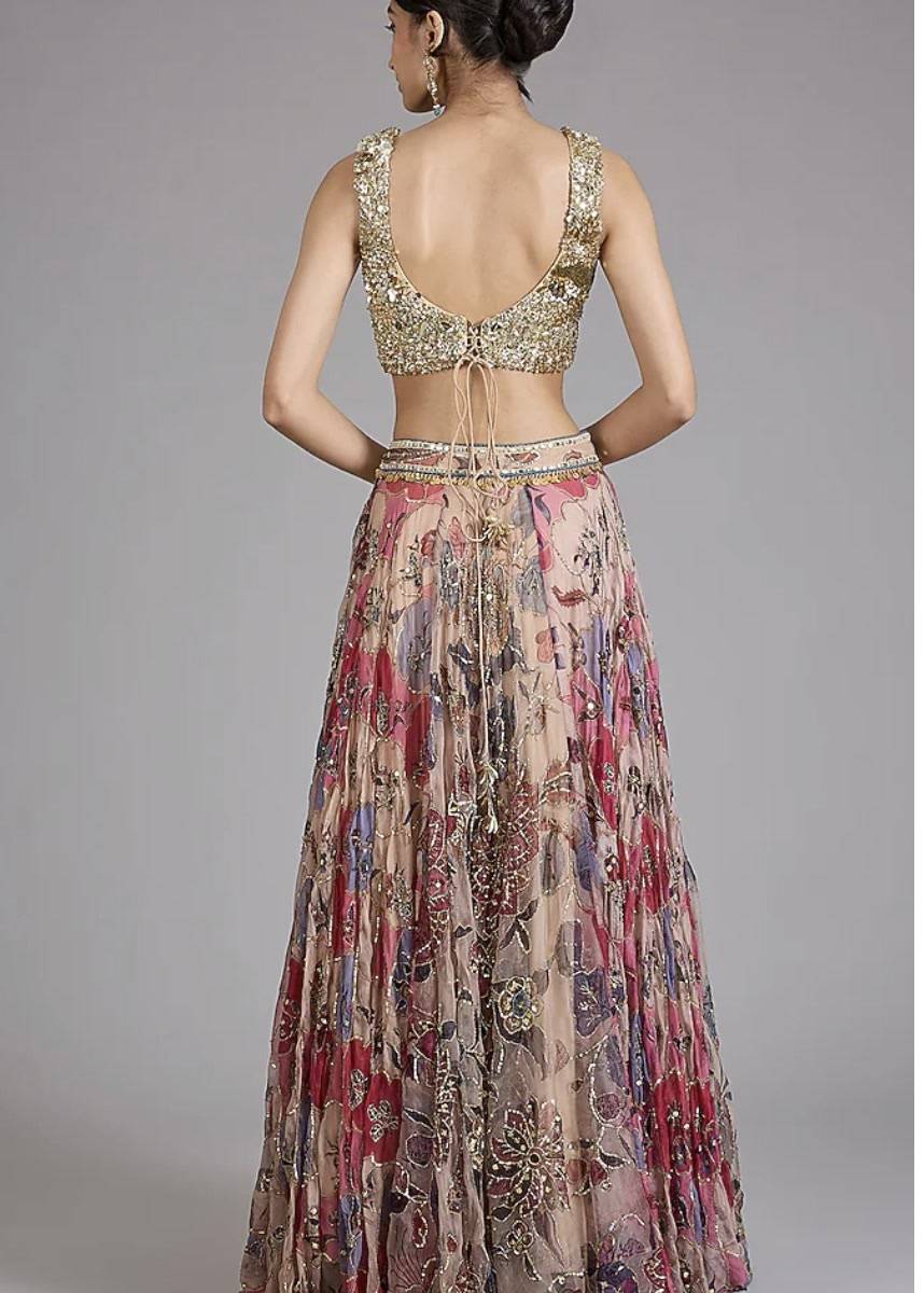 Mahima Mahajan Gold & Red Floral Appliqué Lehenga Set Image - 3