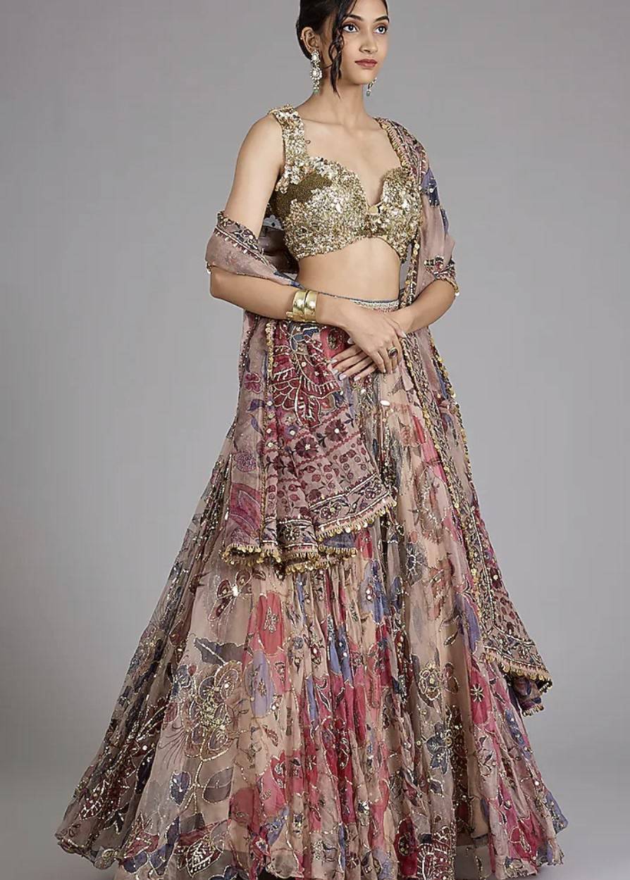 Mahima Mahajan Gold & Red Floral Appliqué Lehenga Set Image - 0