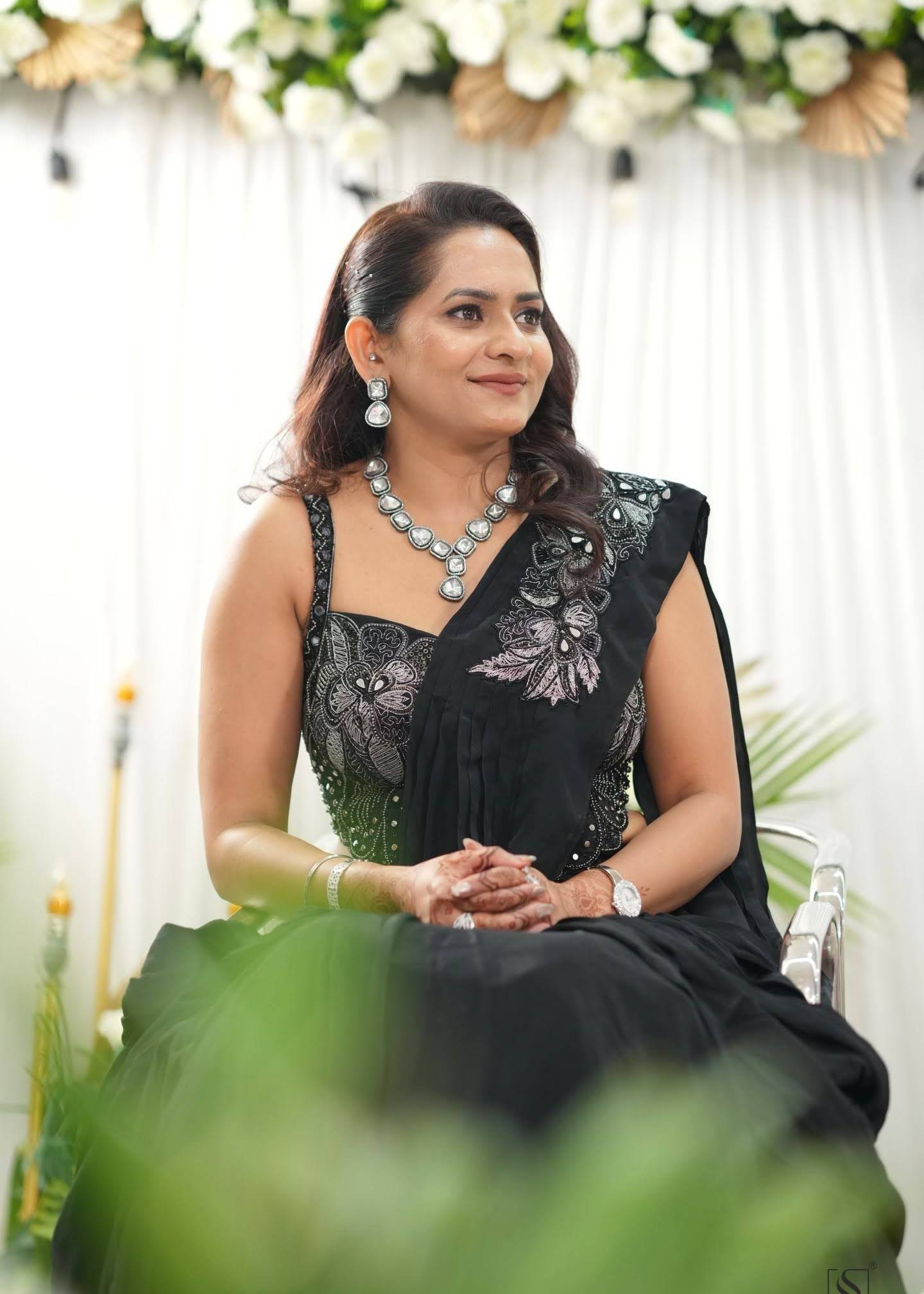 Black Sari with Silver-Embroidered Blouse Image - 1