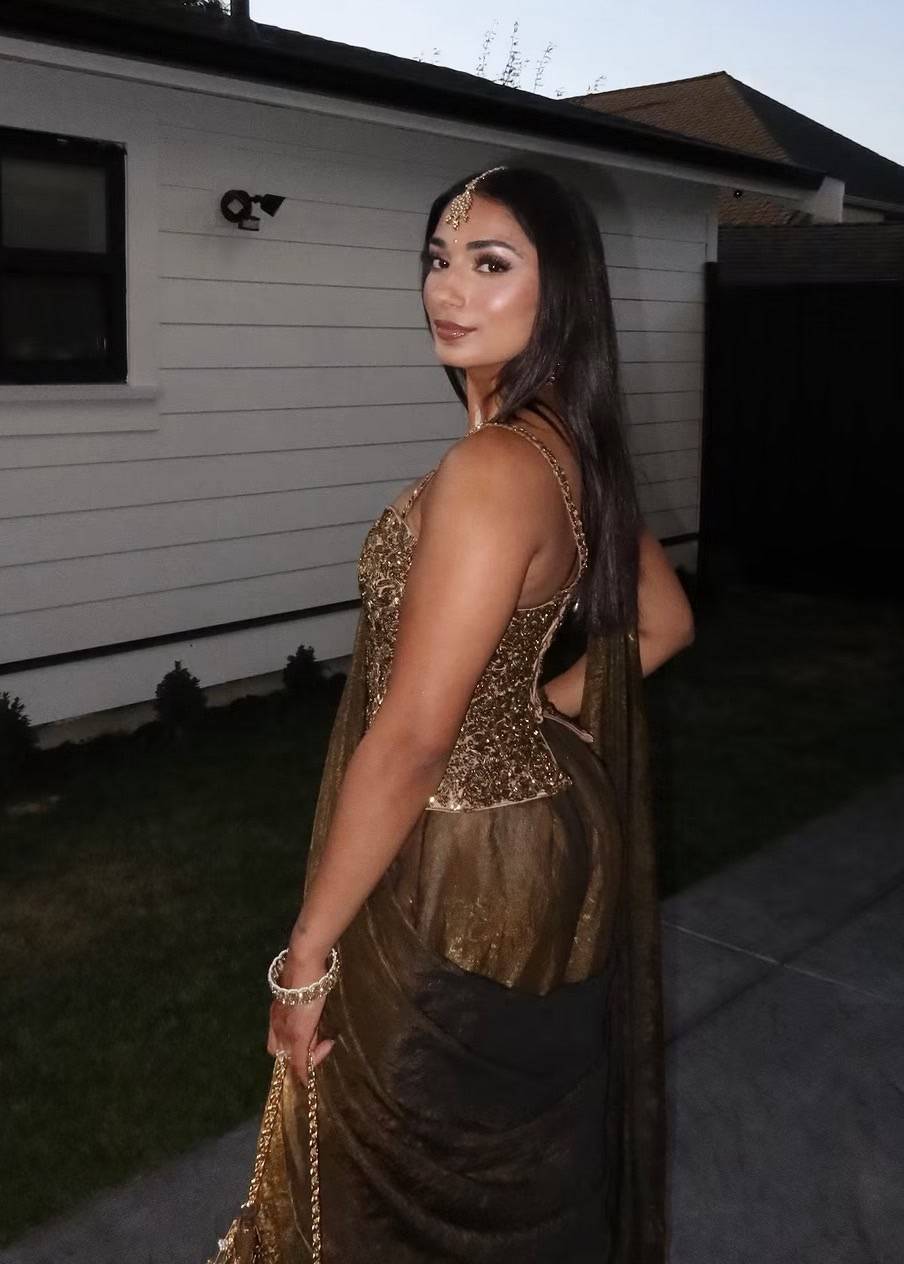 Gold Tissue Sari with Embellished Bodice Image - 7