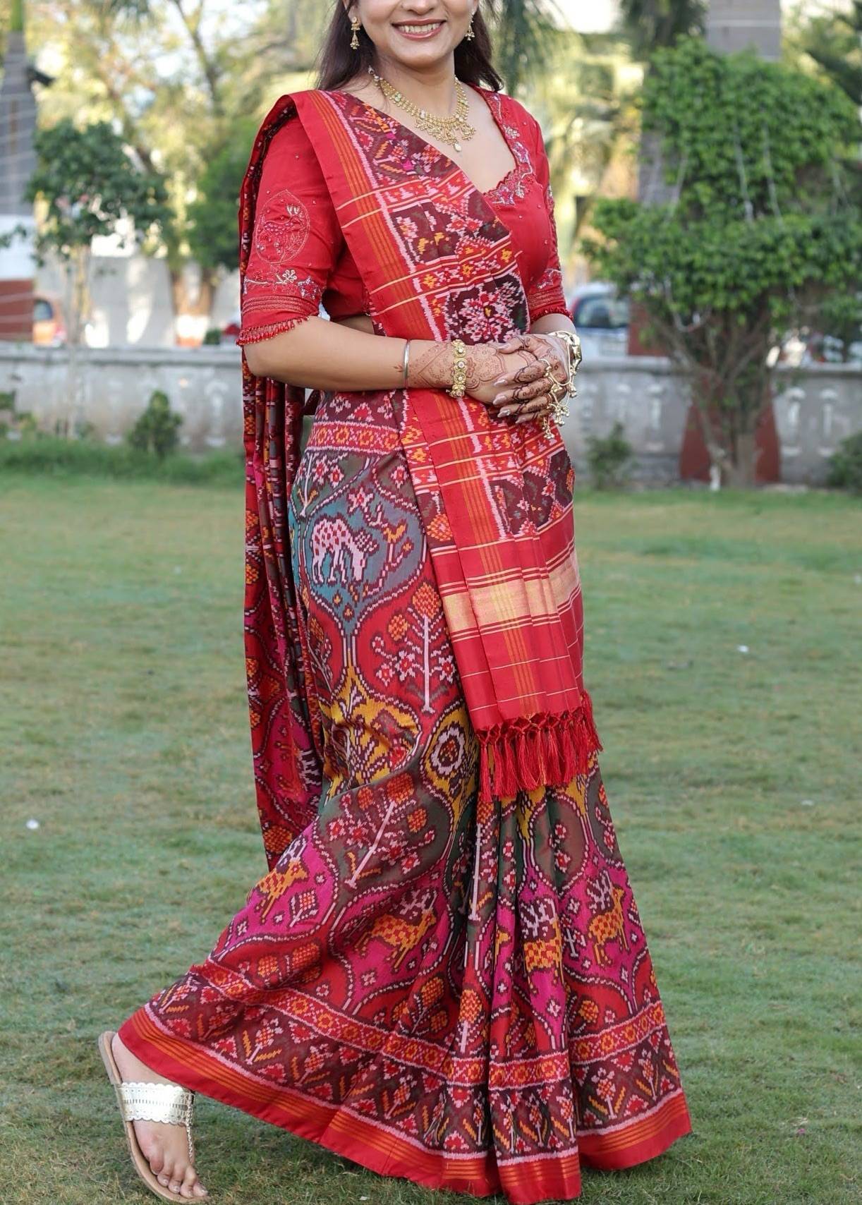 Red Patola-Style Ikat Silk Sari Image - 0