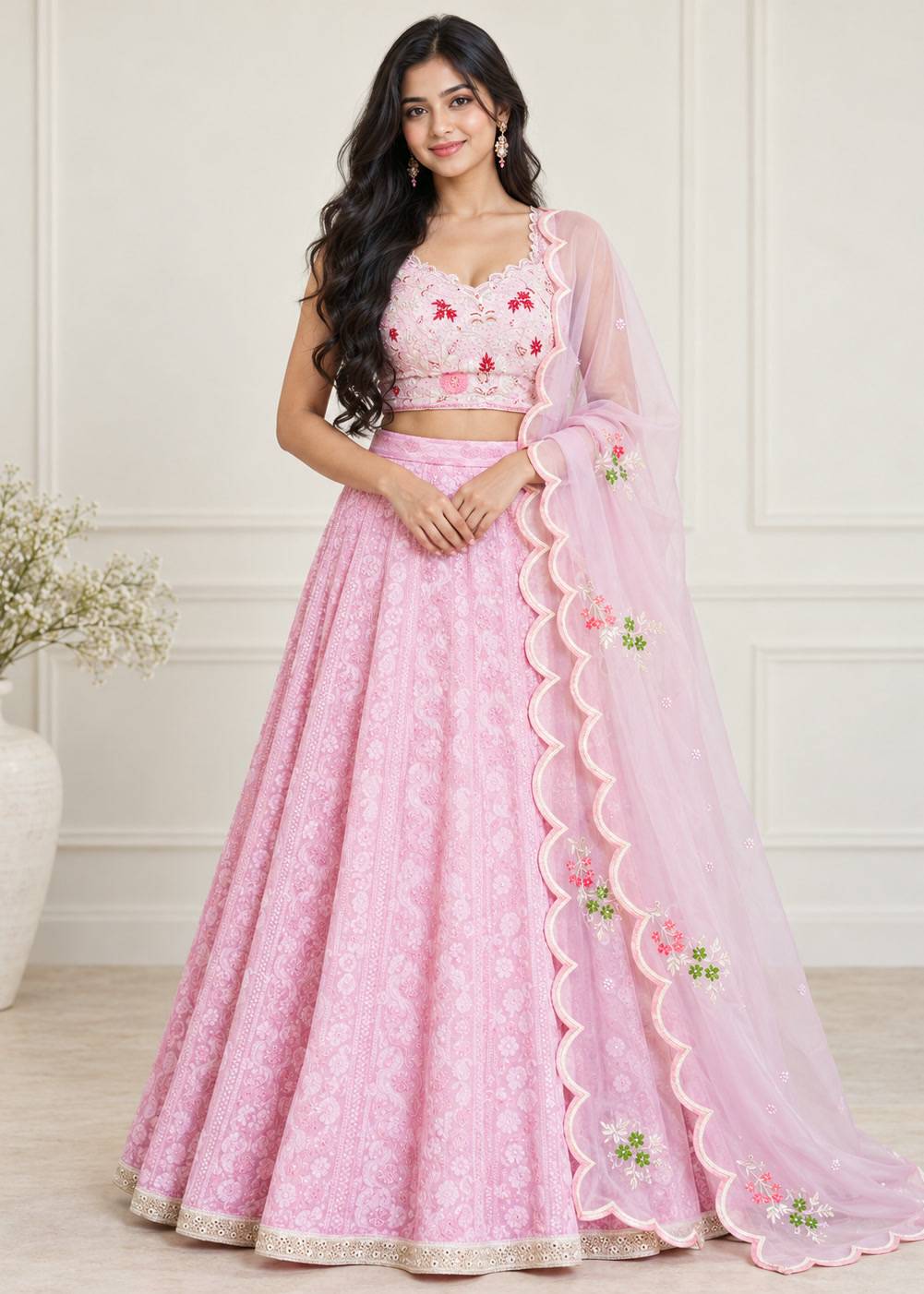 Pale Pink Chikankari Lehenga Set Image - 0