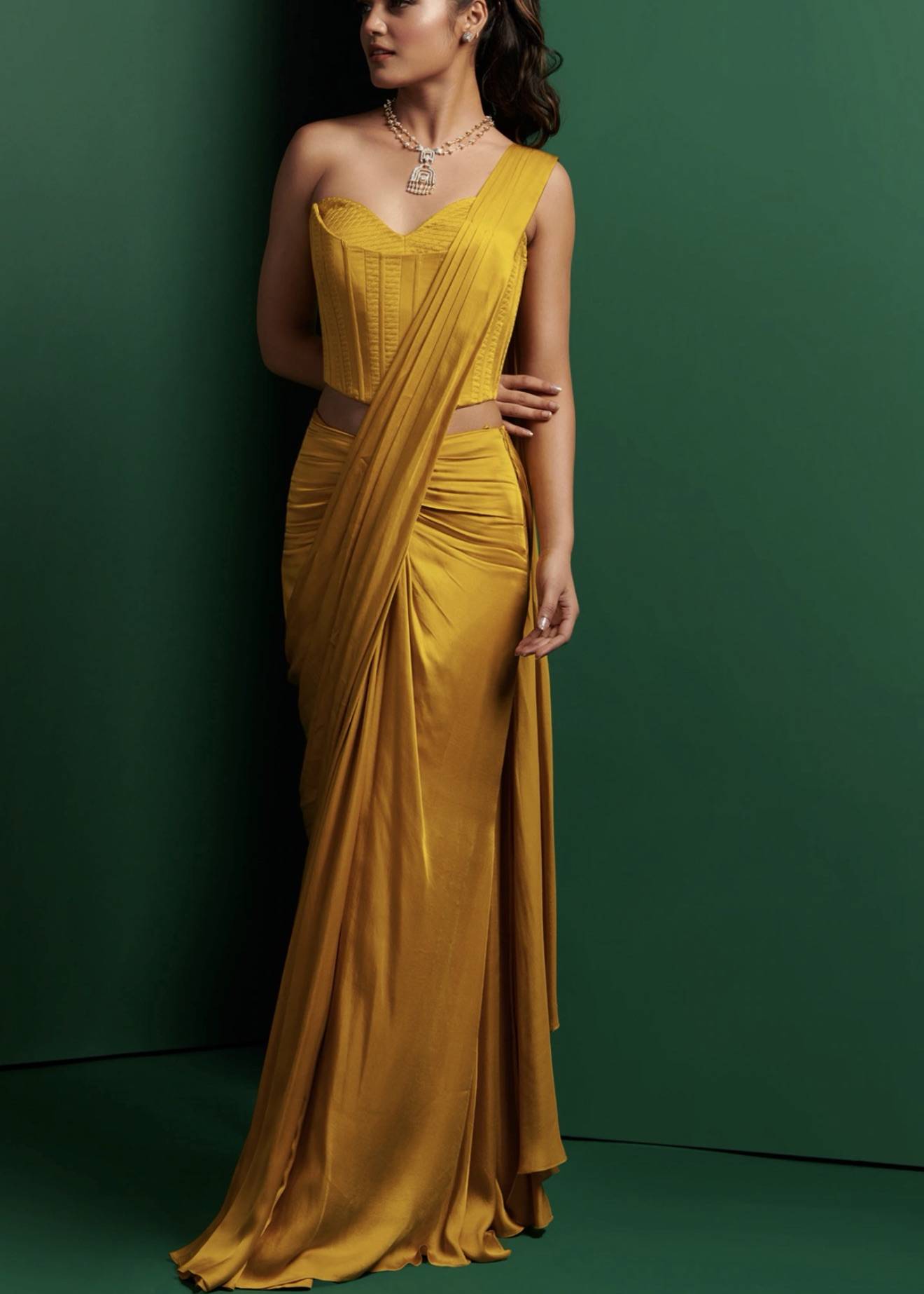 Golden Yellow Pre-Draped Sari Set Image - 2