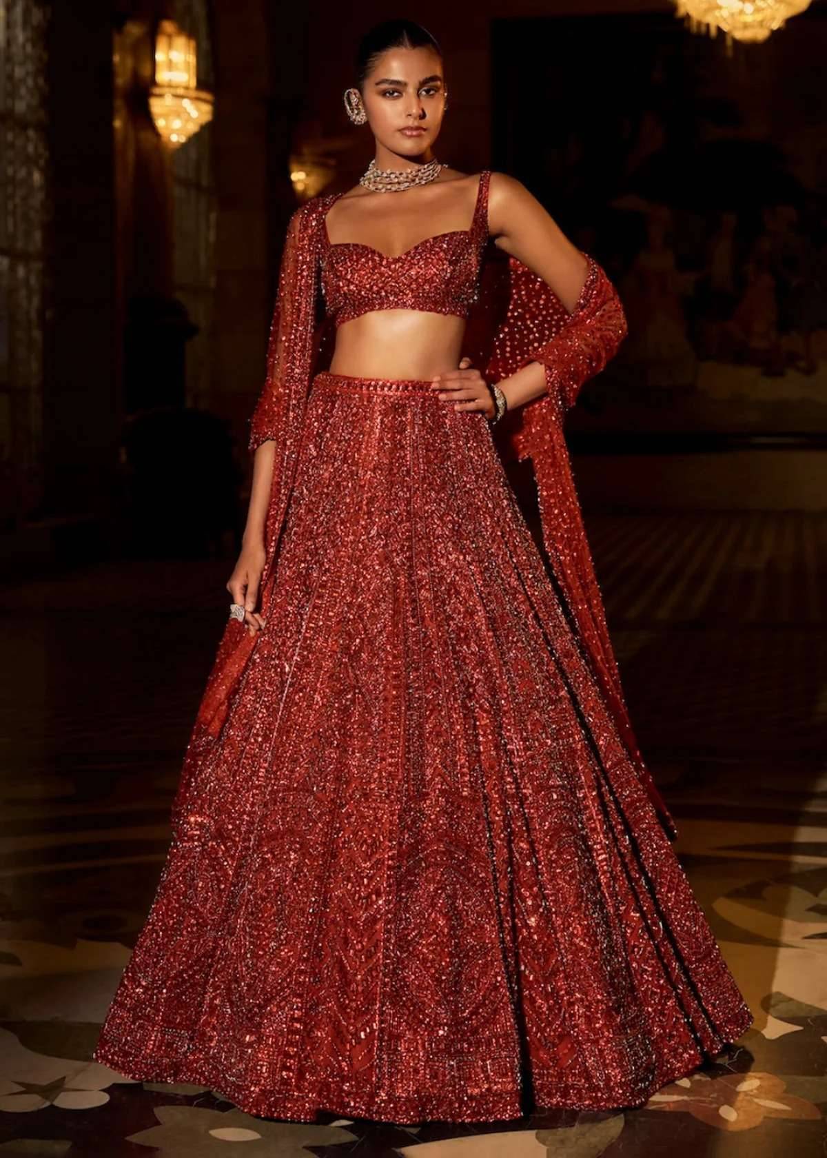 Brick Red Crystal Lehenga Image - 0