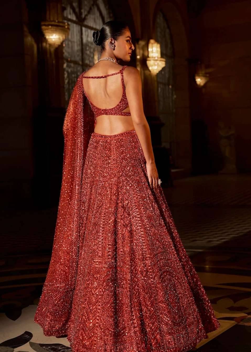 Brick Red Crystal Lehenga Image - 2