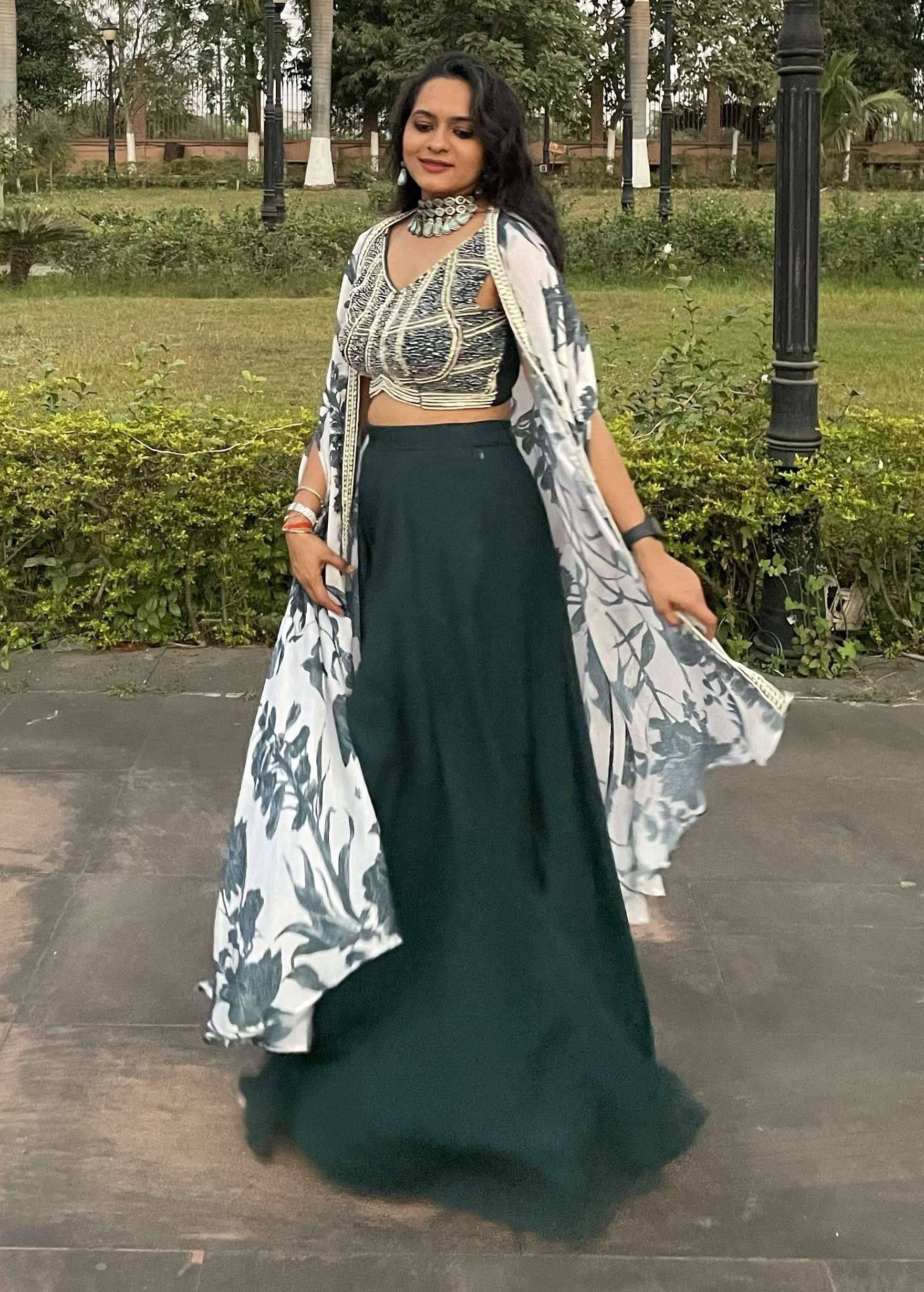 Green and Ivory Floral Cape Set Image - 0