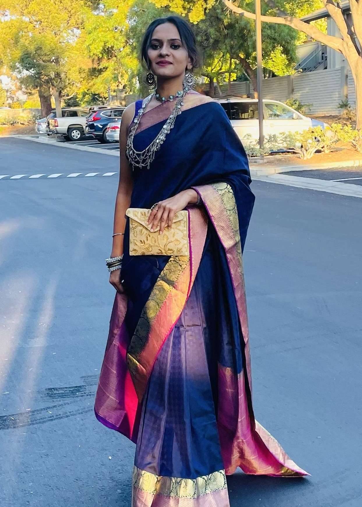 Navy and Gold Zari Sari Image - 0