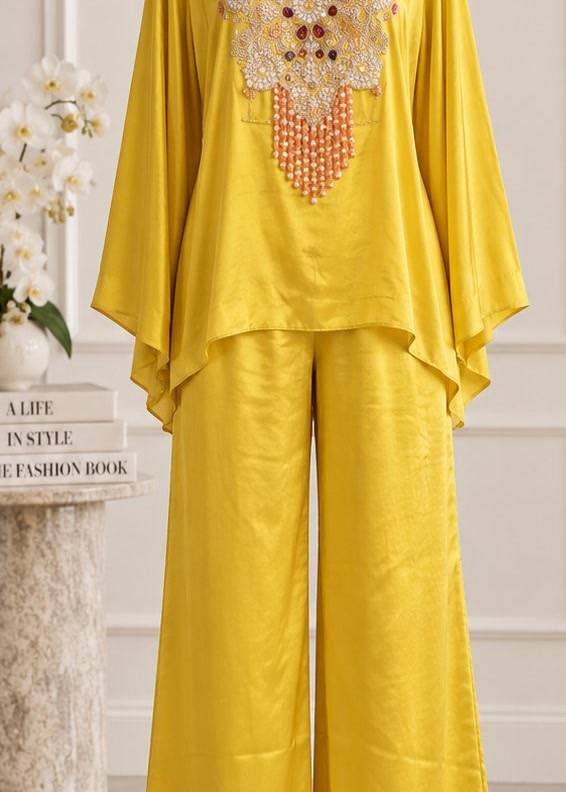 Yellow Floral Short Kaftan Pant Set Image - 2