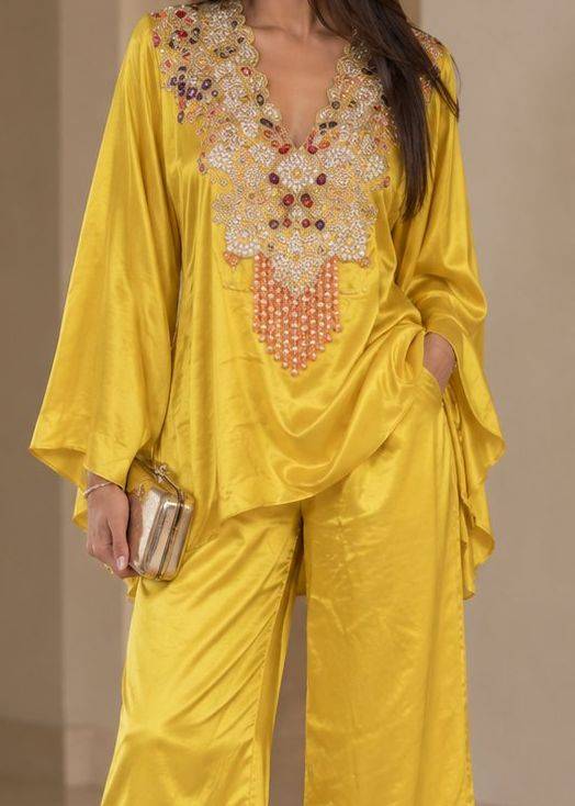 Yellow Floral Short Kaftan Pant Set Image - 1