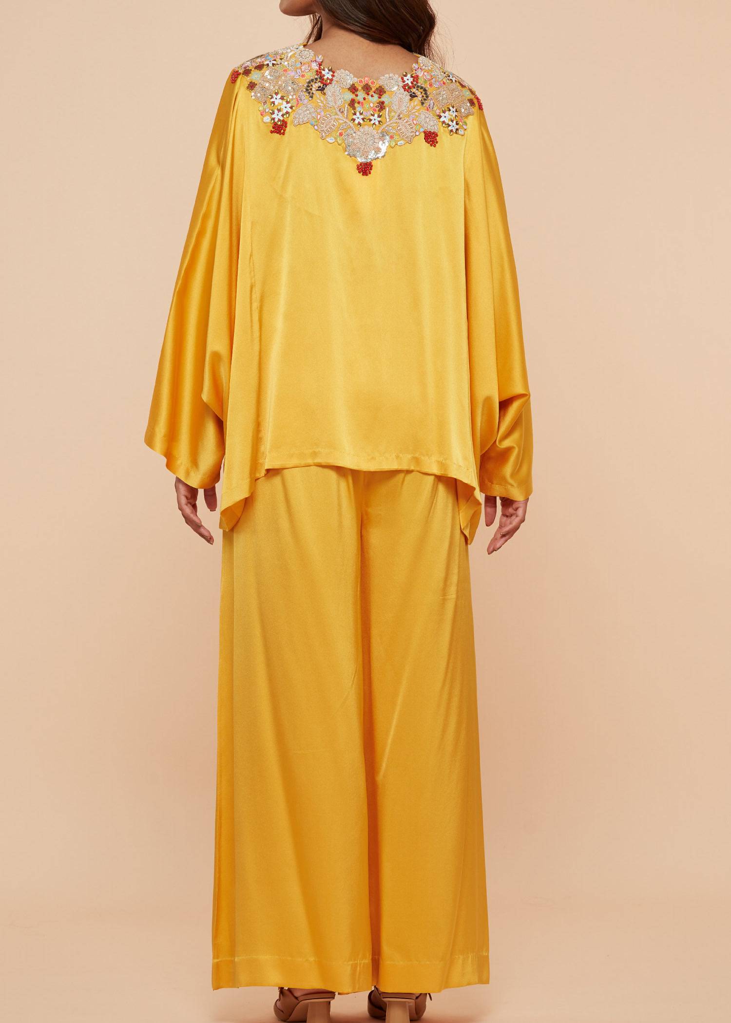 Yellow Floral Short Kaftan Pant Set Image - 3