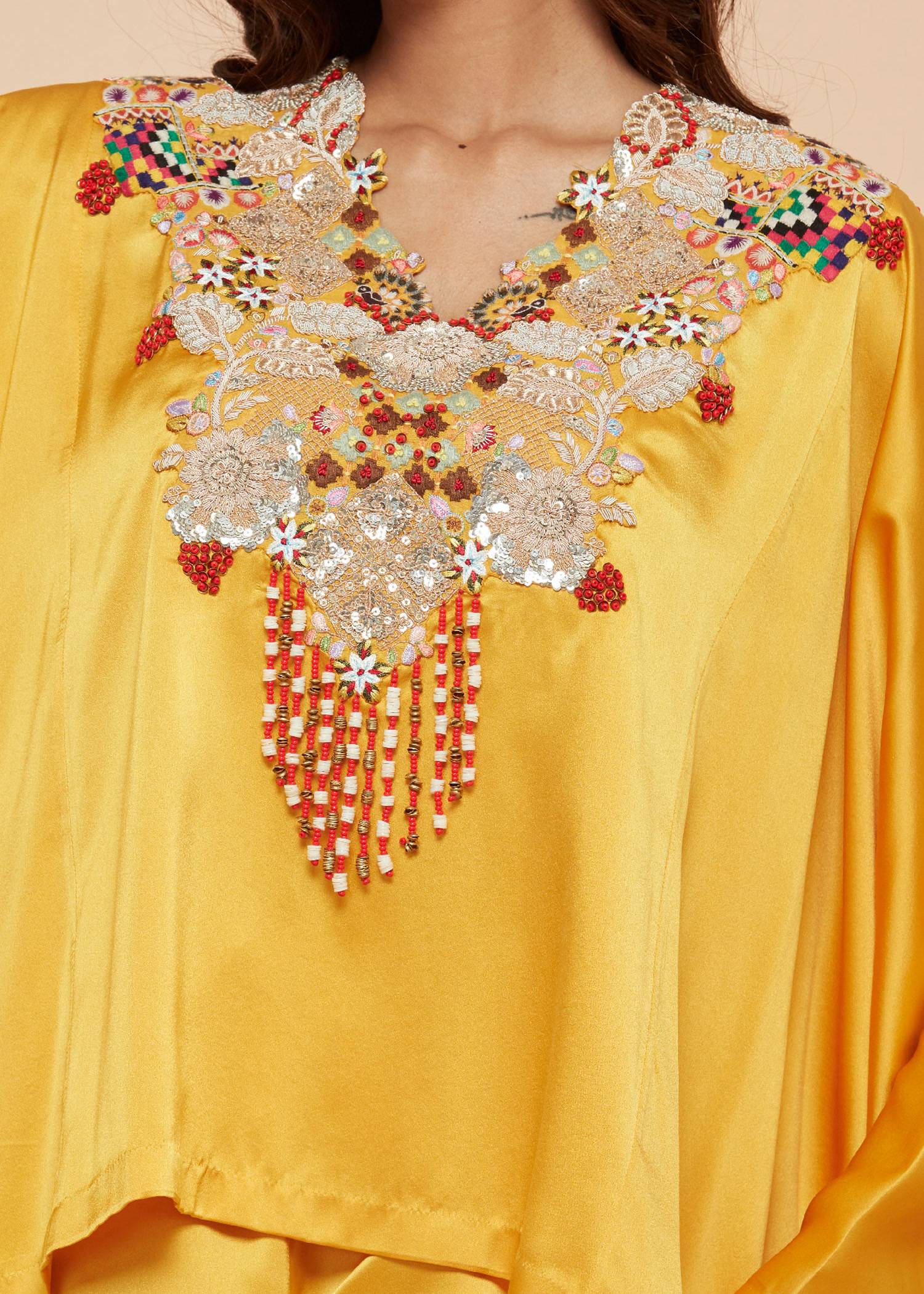 Yellow Floral Short Kaftan Pant Set Image - 4