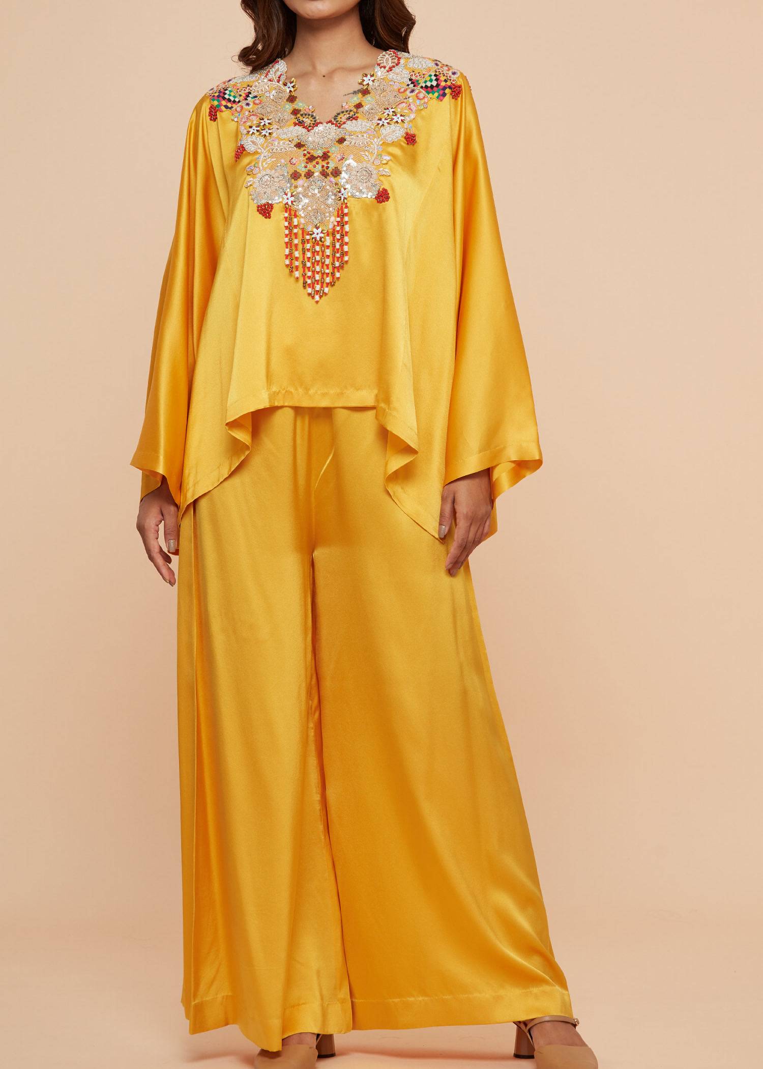 Yellow Floral Short Kaftan Pant Set Image - 0