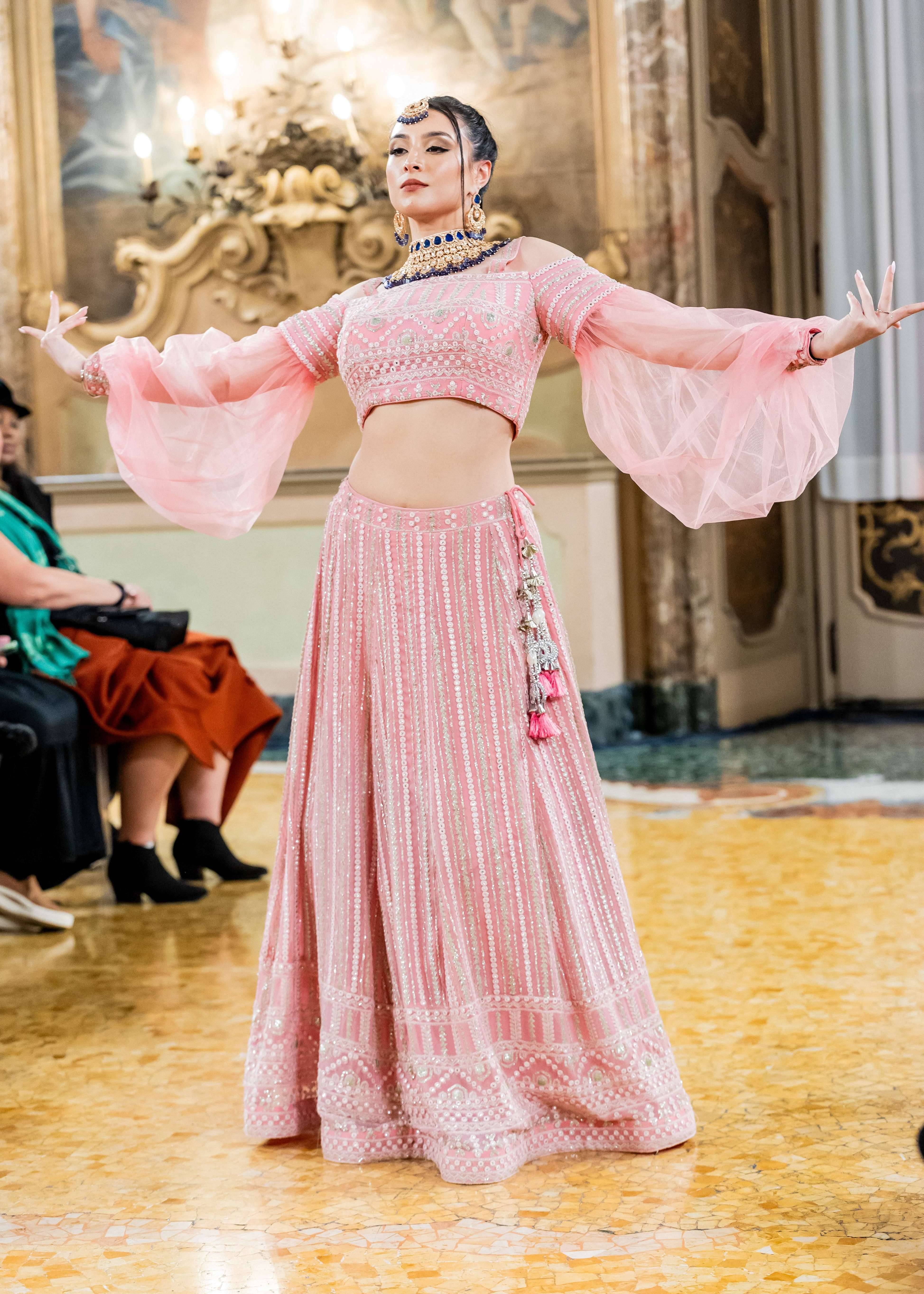 Blush Pink Balloon Sleeve Lehenga Image - 0