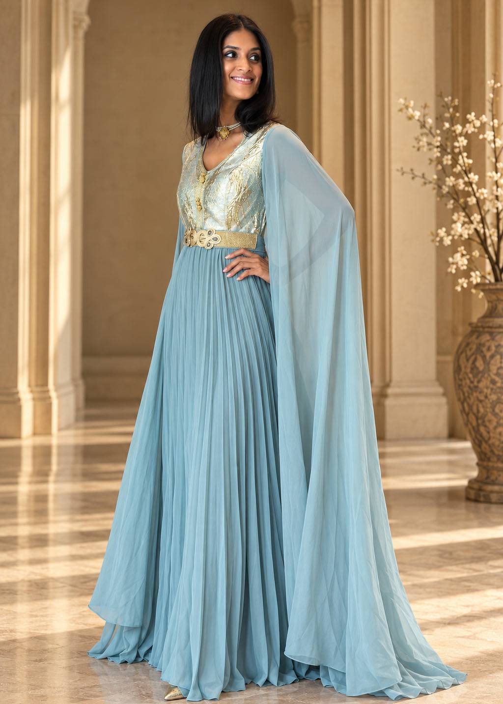 Powder Blue Embroidered Cape Anarkali Gown Image - 0