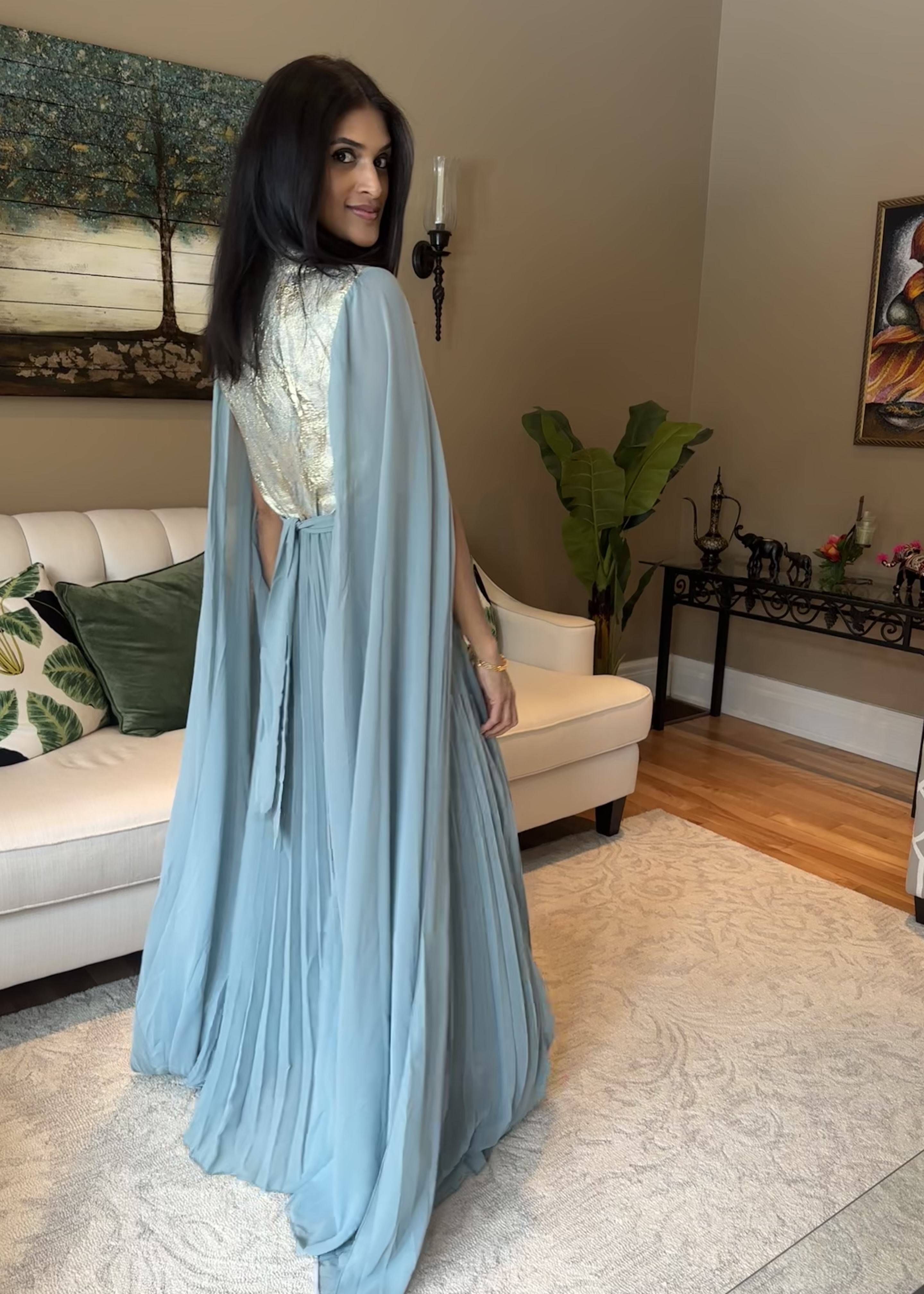 Powder Blue Embroidered Cape Anarkali Gown Image - 3