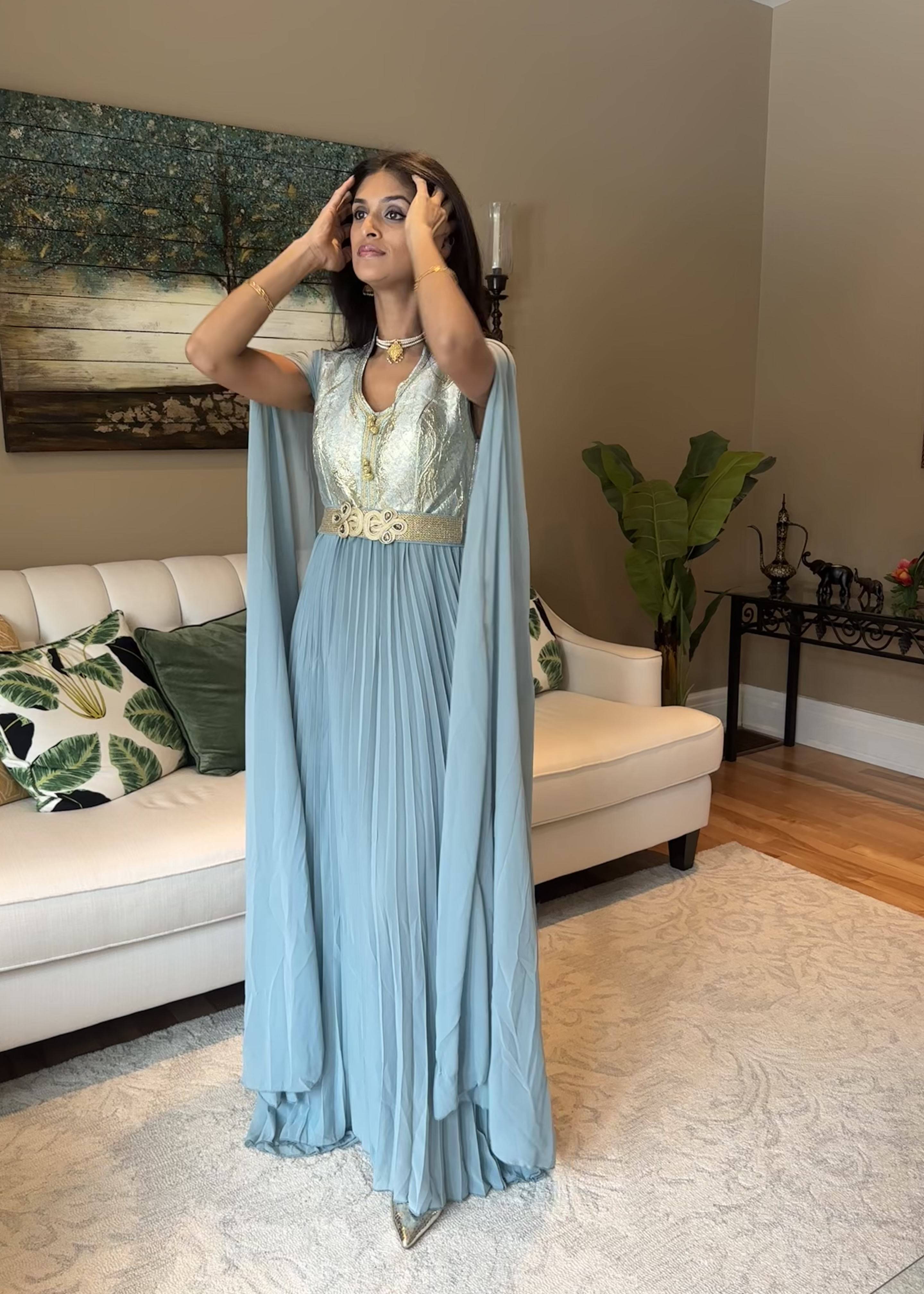 Powder Blue Embroidered Cape Anarkali Gown Image - 2