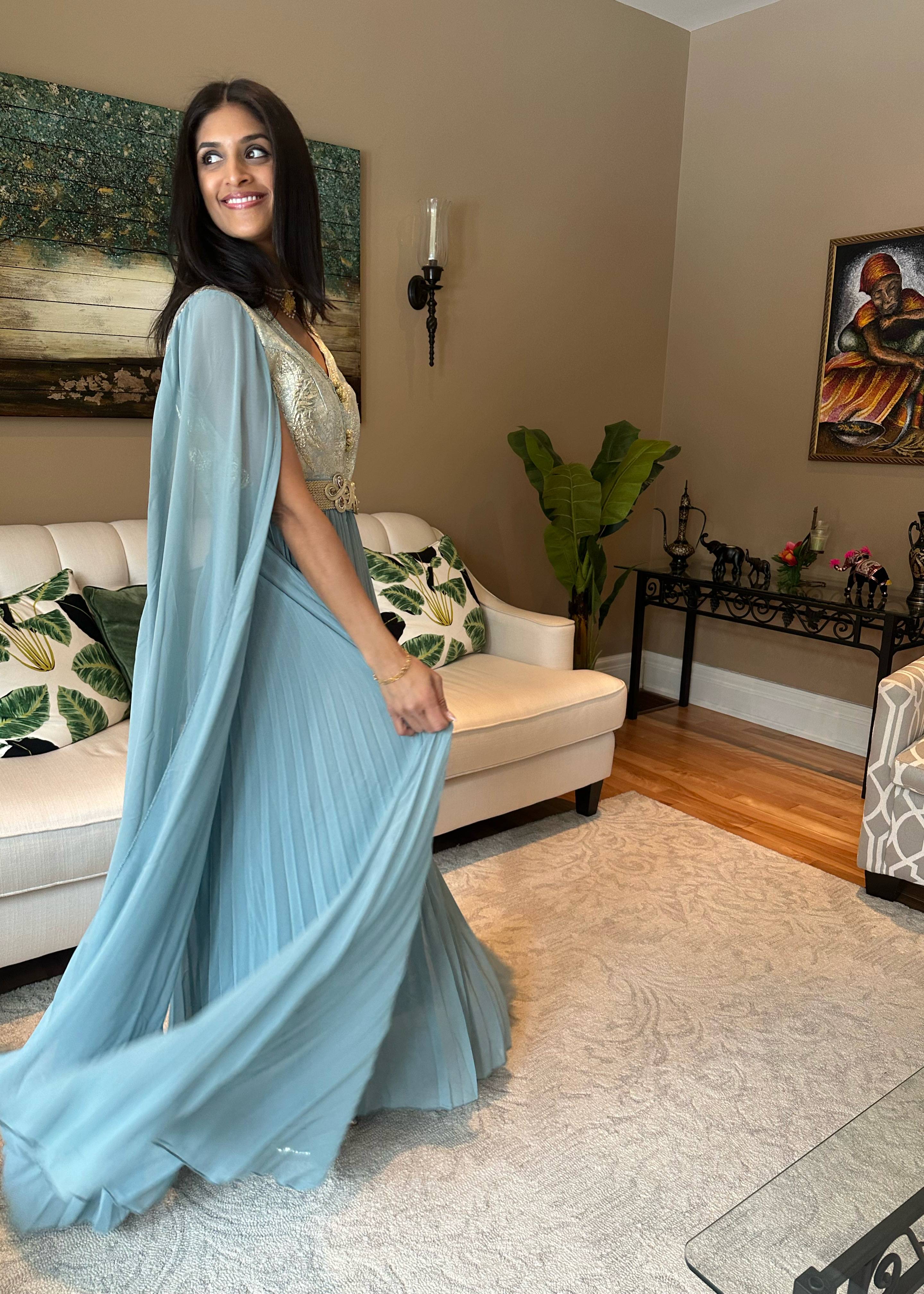 Powder Blue Embroidered Cape Anarkali Gown Image - 4